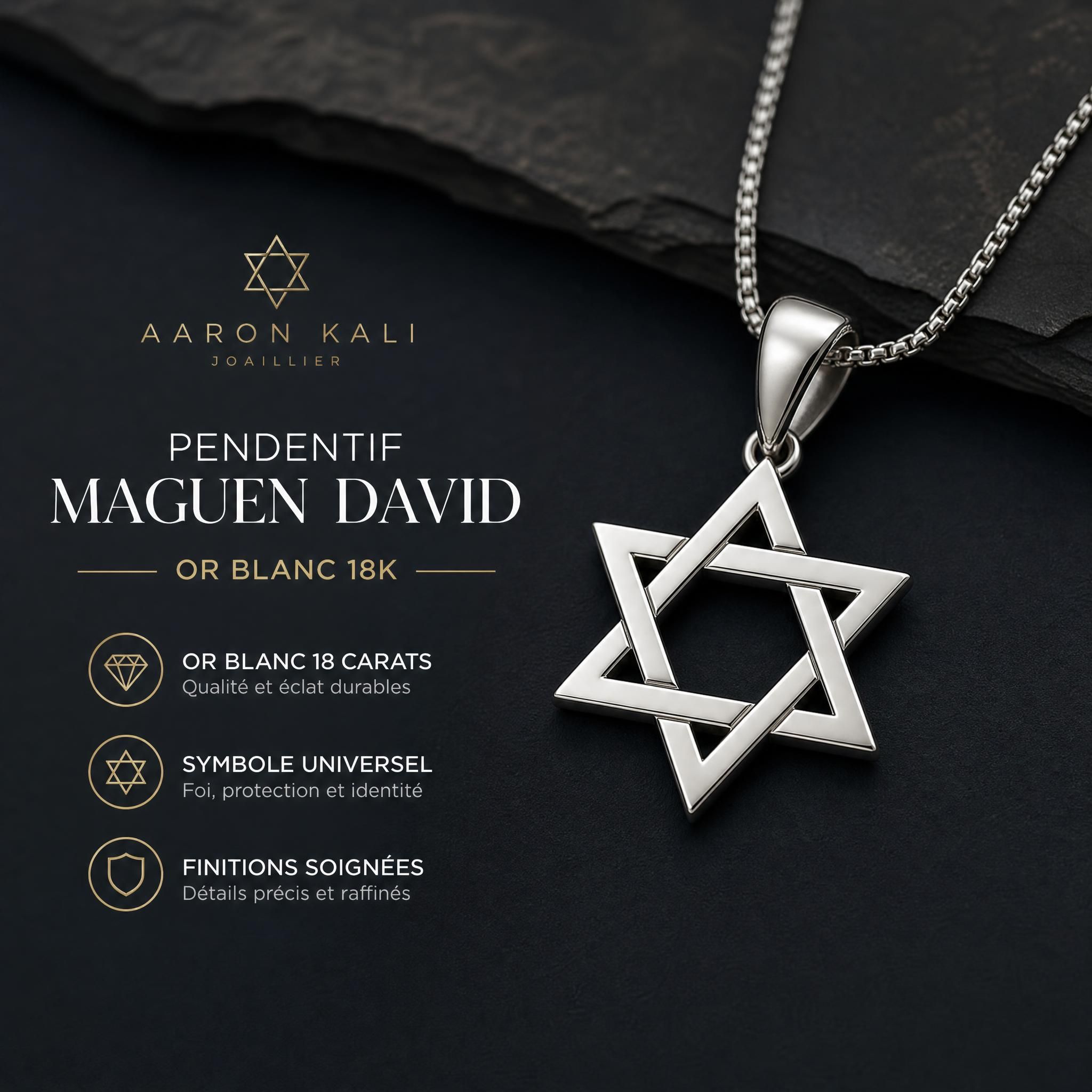 Pendentif Maguen David en or blanc 18k Aaron Kali, étoile de David géométrique aux finitions soignées sur fond sombre élégant