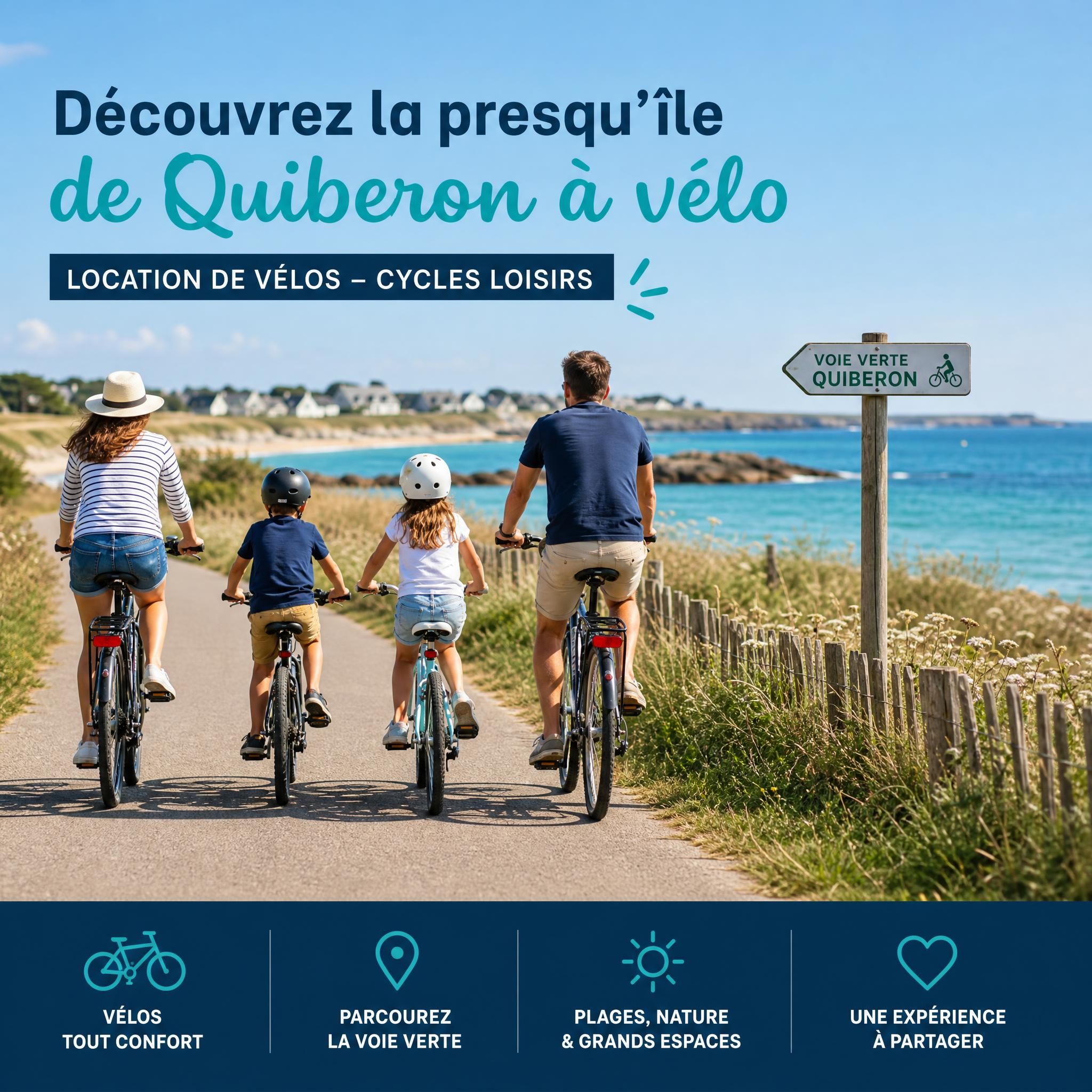 Famille à vélo sur la voie verte de la presqu'île de Quiberon, location vélo cycles loisirs