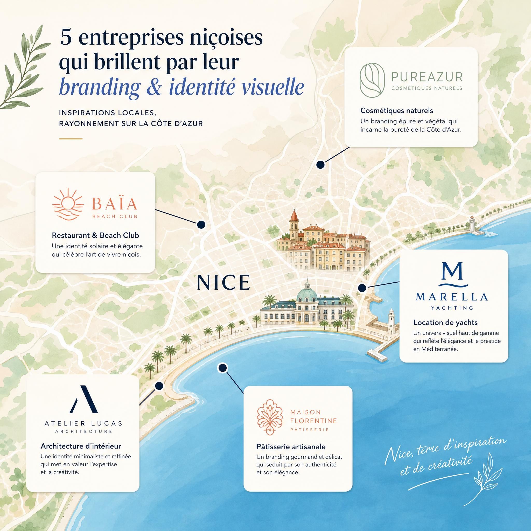 Carte de Nice avec les logos de 5 entreprises locales illustrant leurs réussites en branding et identité visuelle sur la Côte d'Azur