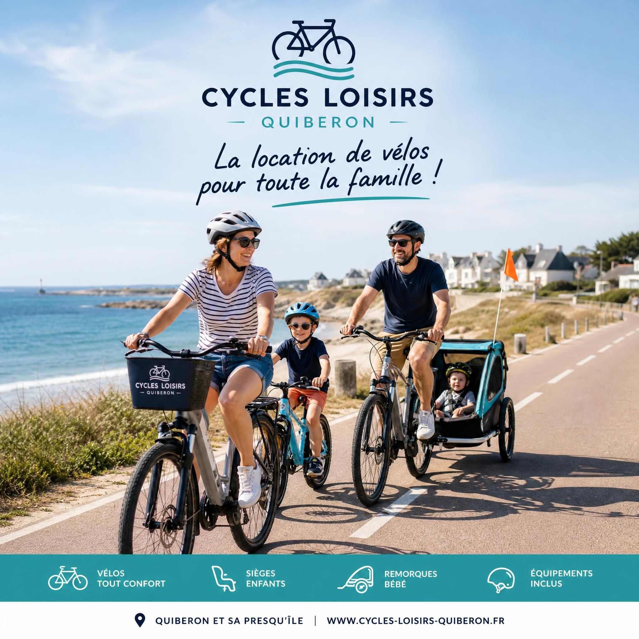 Parents et enfants avec vélos loués et remorque bébé sur piste cyclable à Quiberon, cycles loisirs location famille
