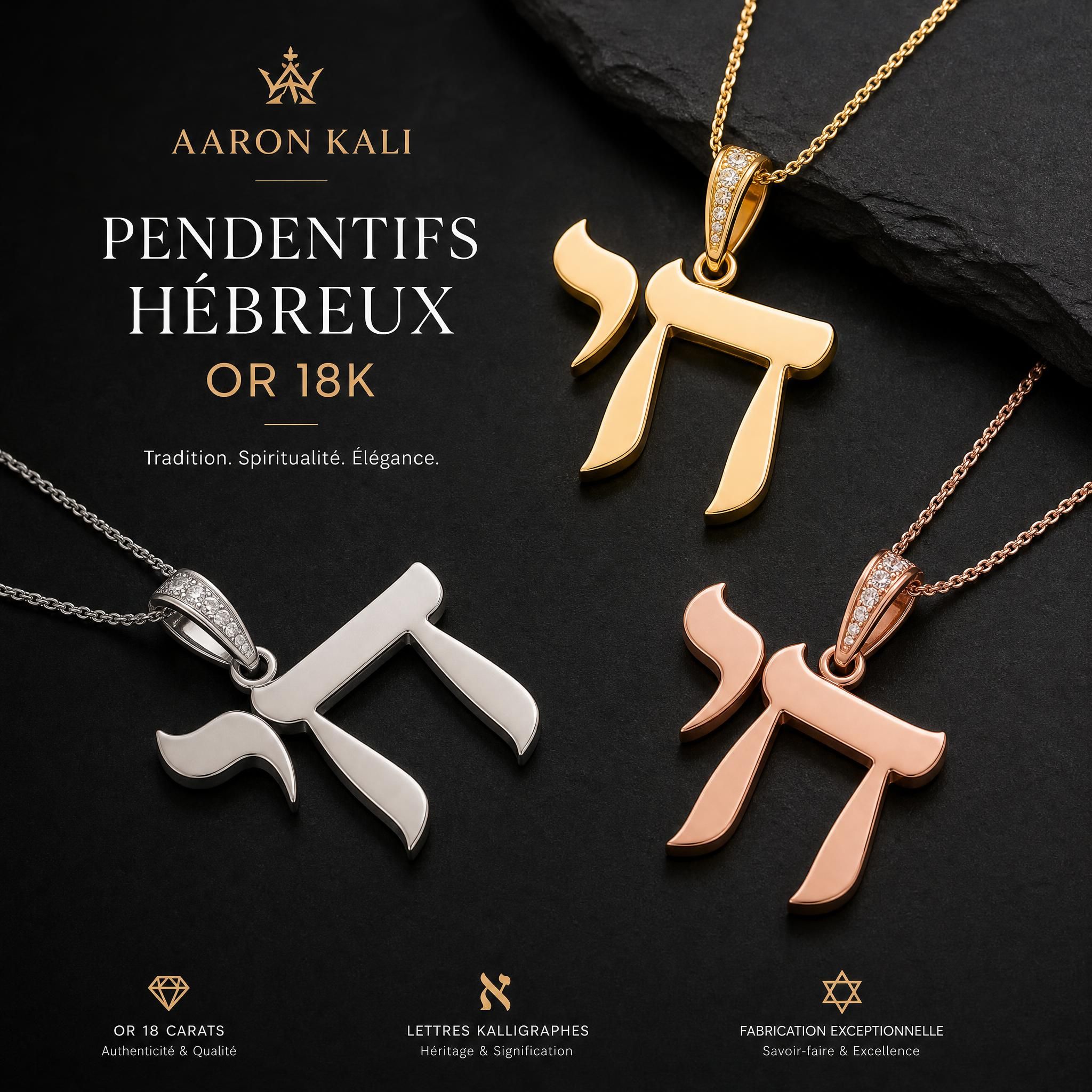 Pendentifs hébreux en or 18k Aaron Kali — lettres Kalligraphes disposées sur fond sombre, or jaune, blanc et rose