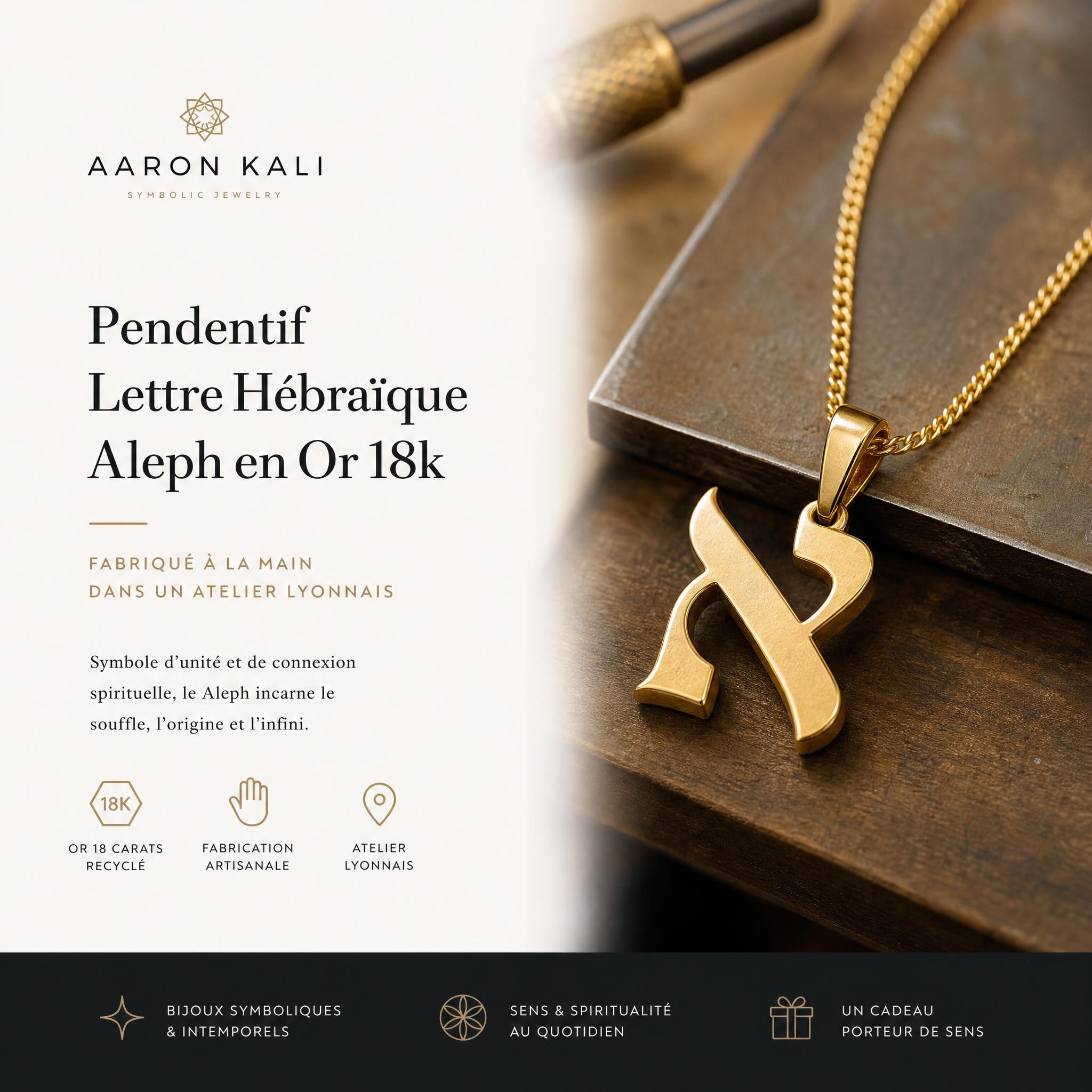 Pendentif lettre hébraïque Aleph en or 18k jaune fabriqué à la main dans un atelier lyonnais, bijou symbolique Aaron Kali
