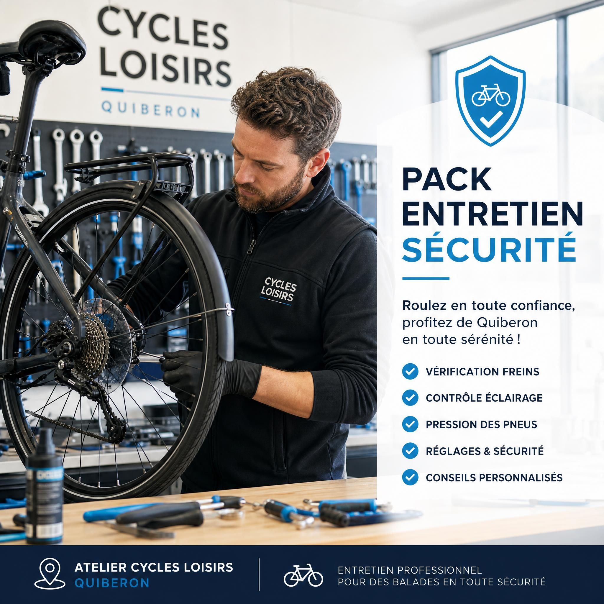 Mécanicien atelier Cycles Loisirs révisant un vélo, pack entretien sécurité Quiberon