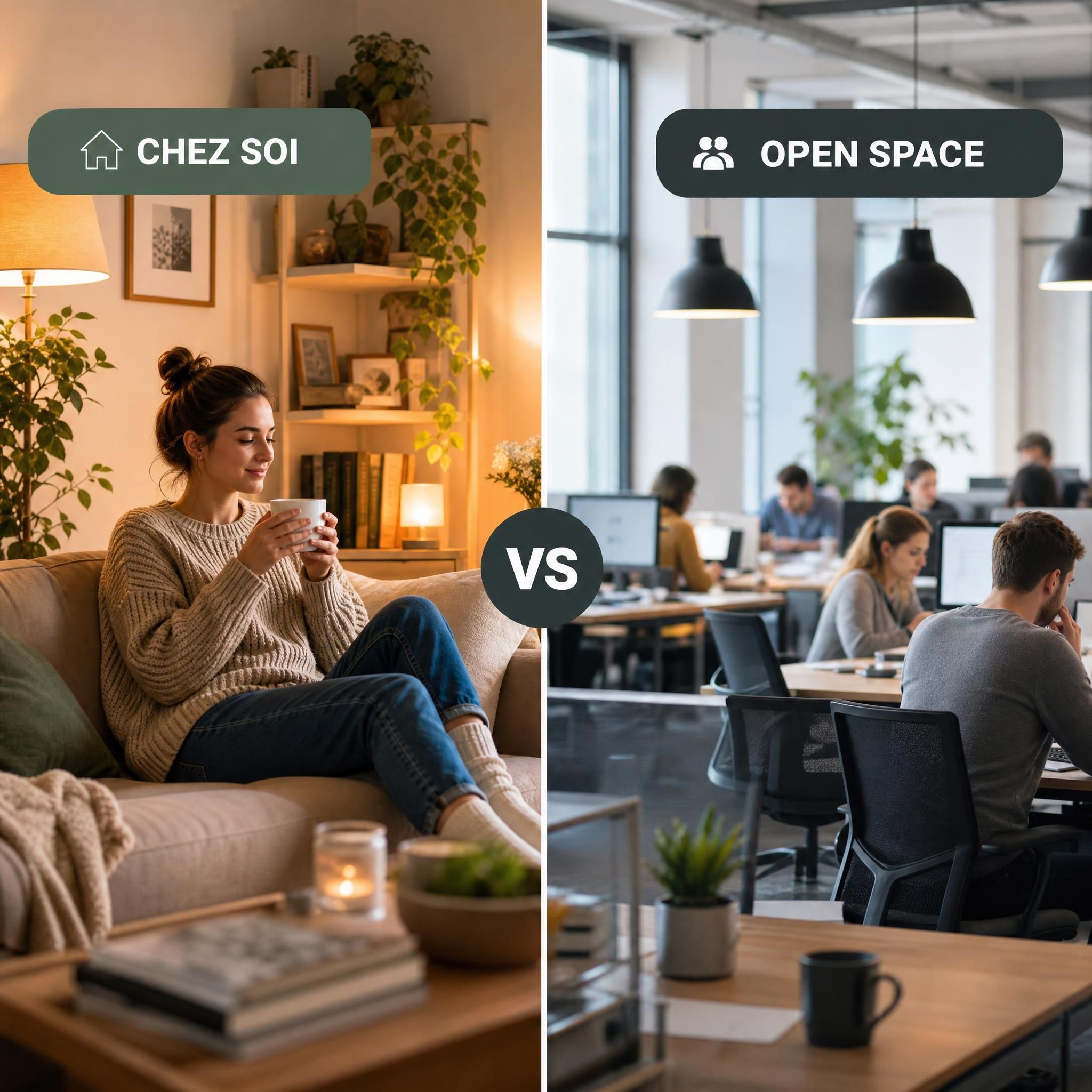 Personne se reposant dans un salon chaleureux chez un particulier, ambiance calme et conviviale, contraste avec un open space de coworking