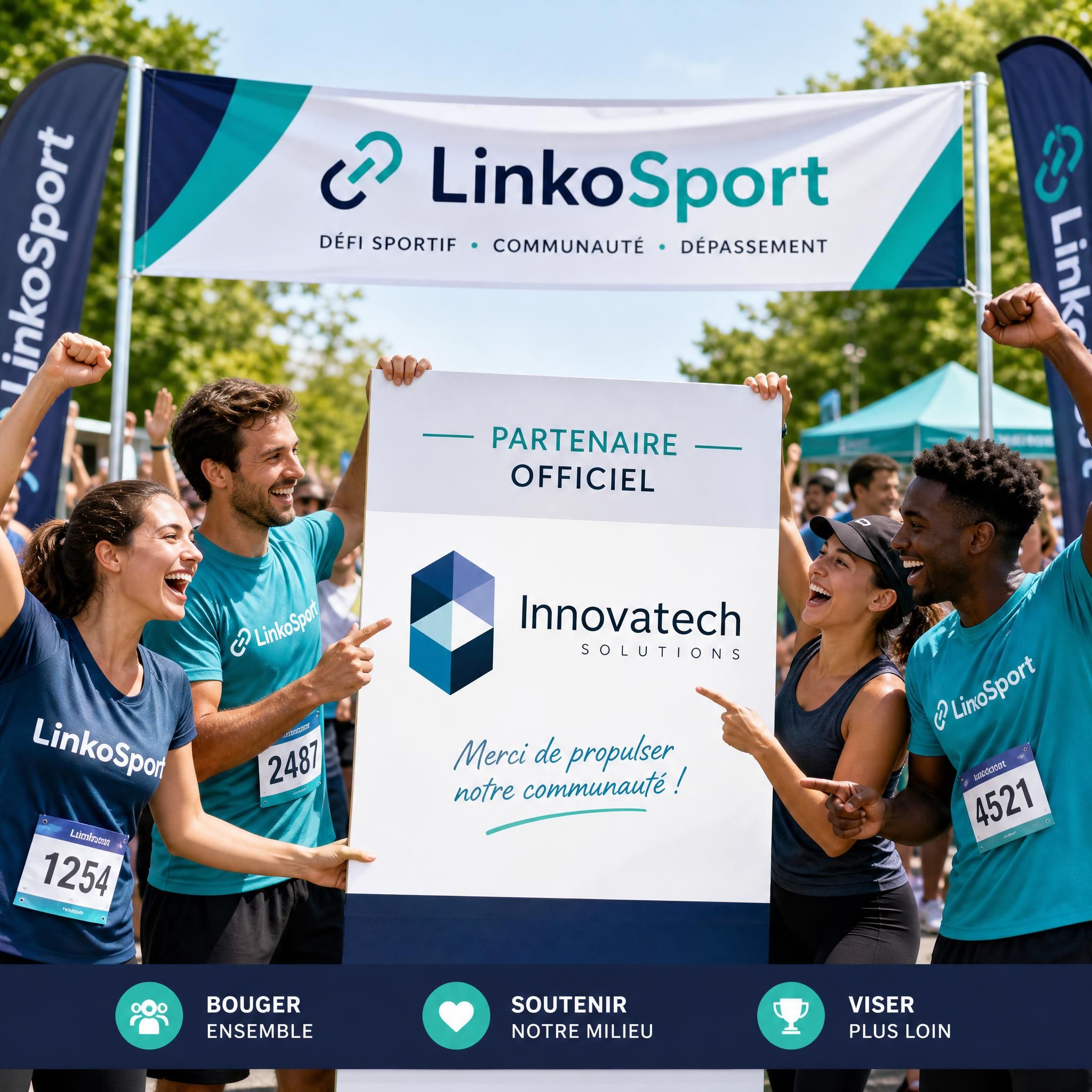 Logo d'une PME partenaire affiché sur les communications d'un défi sportif LinkoSport, entouré de participants enthousiastes lors d'un événement communautaire