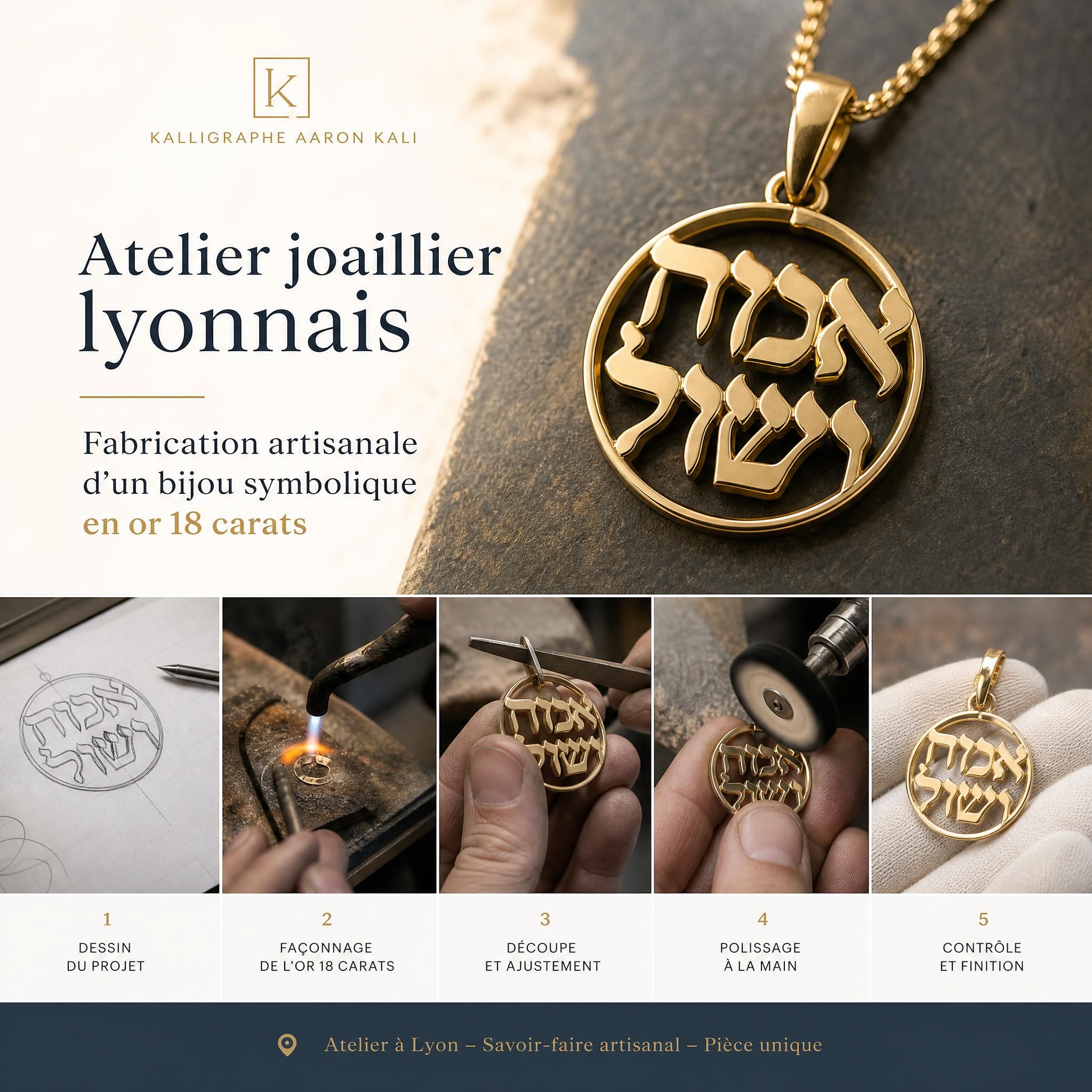 Atelier joaillier lyonnais fabrication bijou symbolique hébreu en or 18 carats, processus artisanal pendentif Kalligraphe Aaron Kali