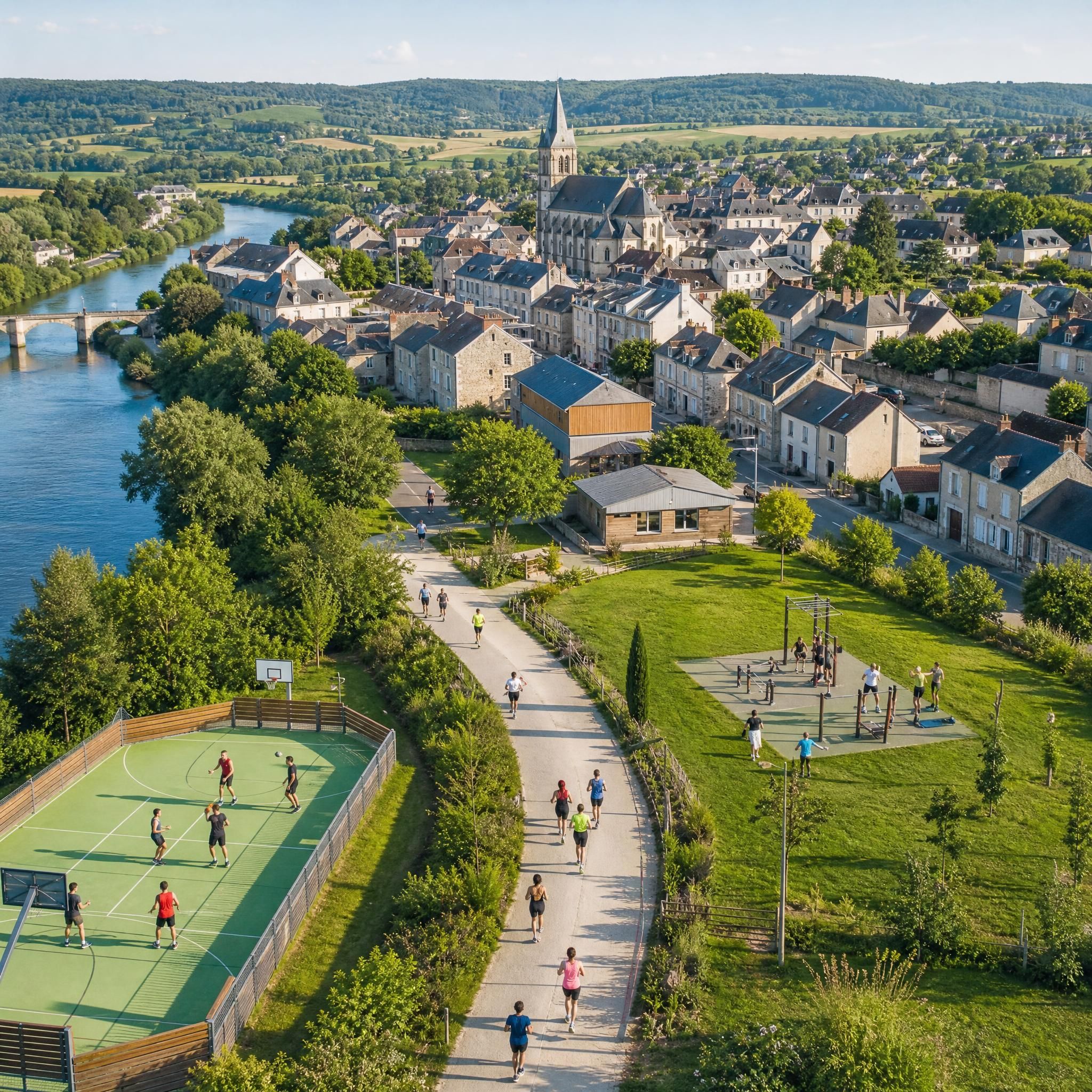 Vue aérienne d'une commune française avec habitants pratiquant une activité sportive en plein air, illustrant la cohésion territoriale et le dynamisme local