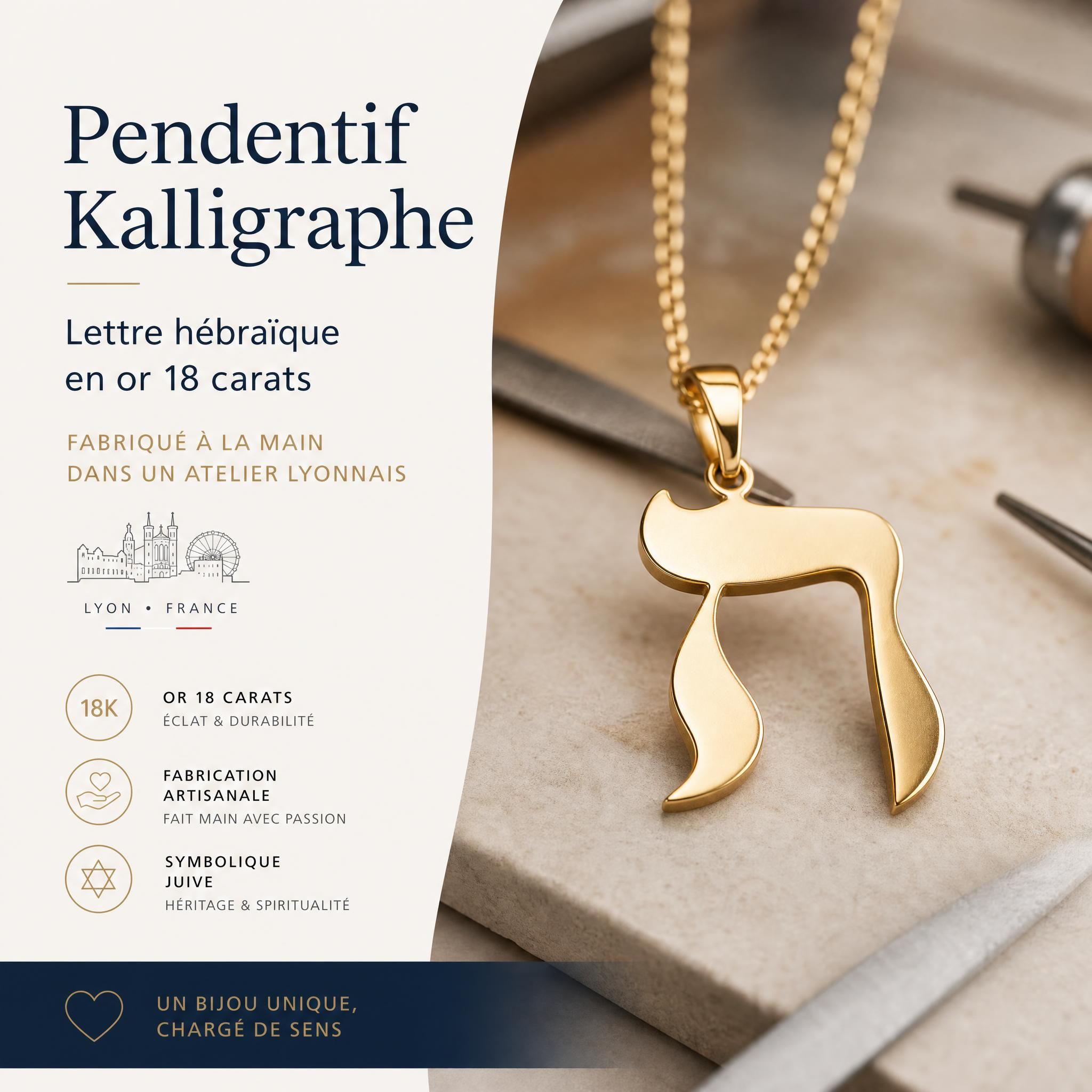 Pendentif Kalligraphe lettre hébraïque en or 18 carats fabriqué à la main dans un atelier lyonnais, bijou symbolique juif