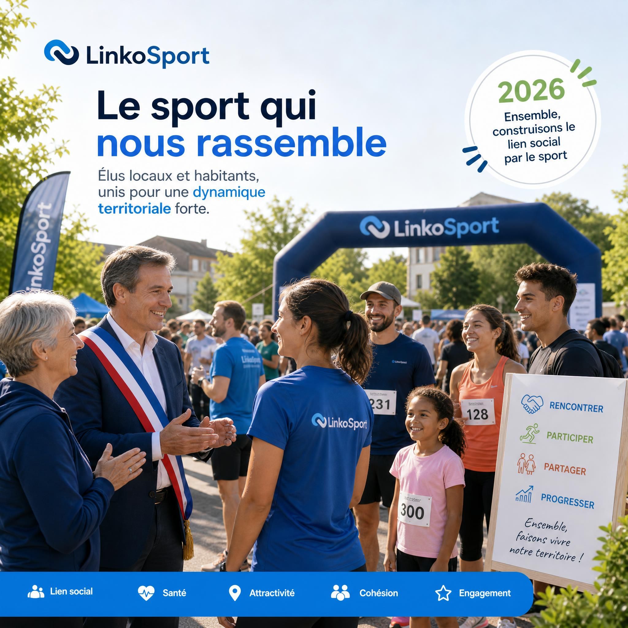 Élus locaux et habitants participant à un événement sportif communautaire organisé via LinkoSport, dynamique territoriale et lien social 2026
