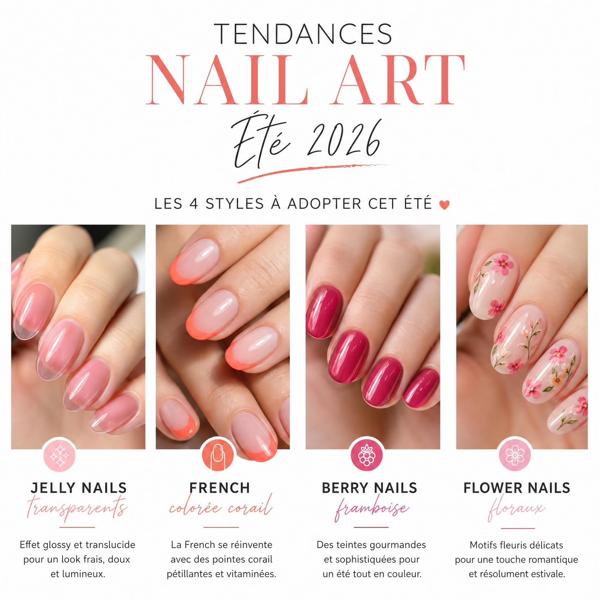 Tableau tendances nail art été 2026 - jelly nails transparents, french colorée corail, berry nails framboise et flower nails floraux sur fond blanc épuré