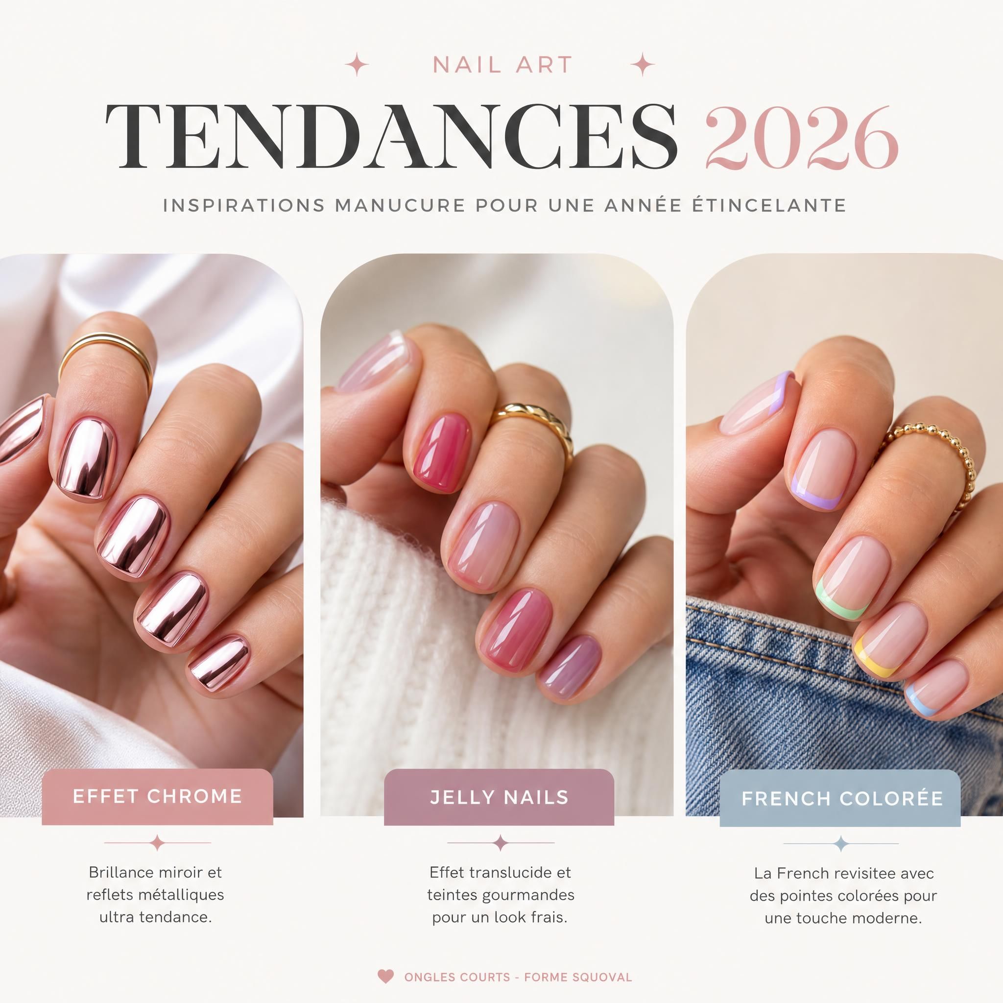 Nail art tendances 2026 - manucure professionnelle avec effets chrome, jelly nails et french colorée sur ongles courts squoval