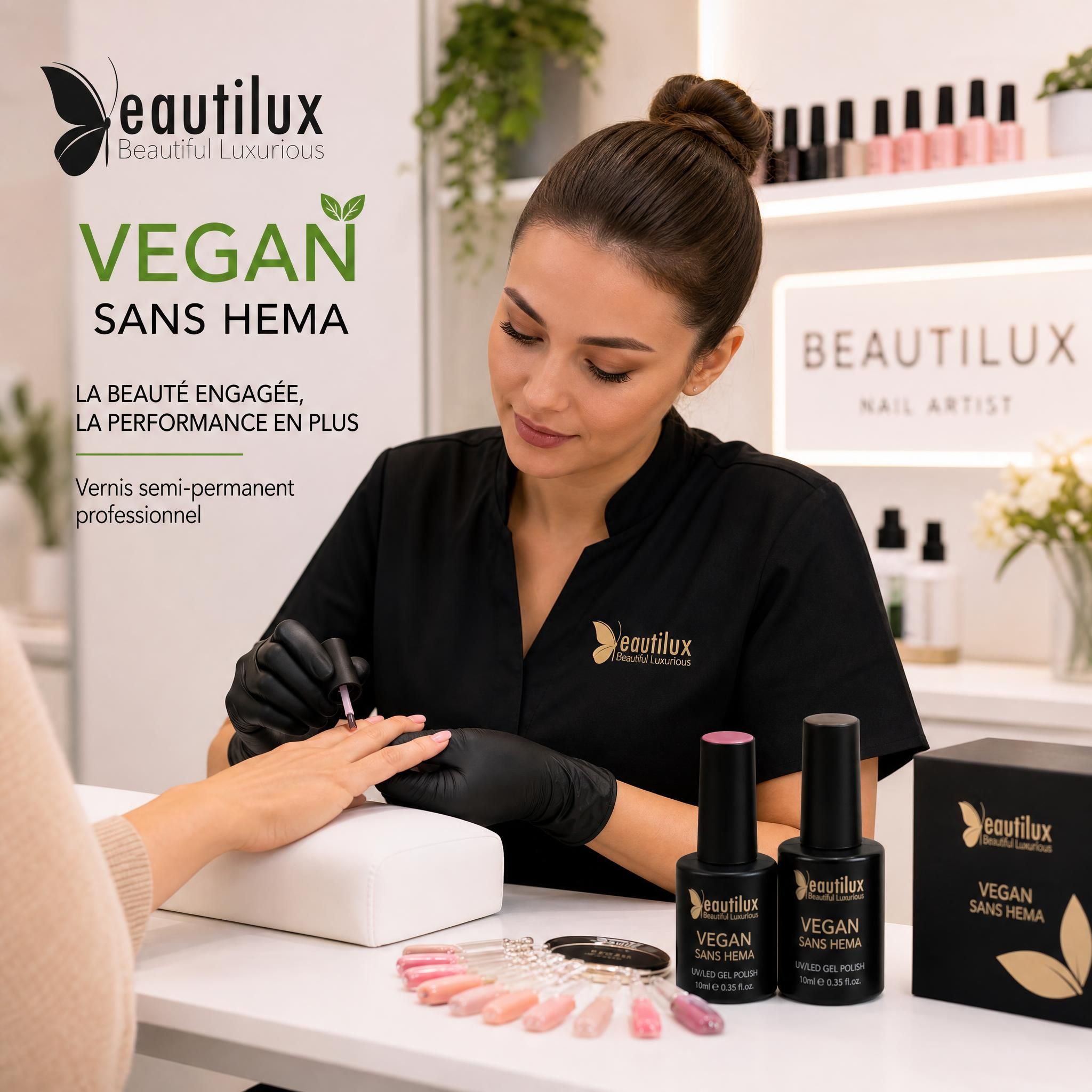 Prothésiste ongulaire professionnelle appliquant du vernis semi-permanent Beautilux vegan sans HEMA sur cliente en salon de nail art moderne