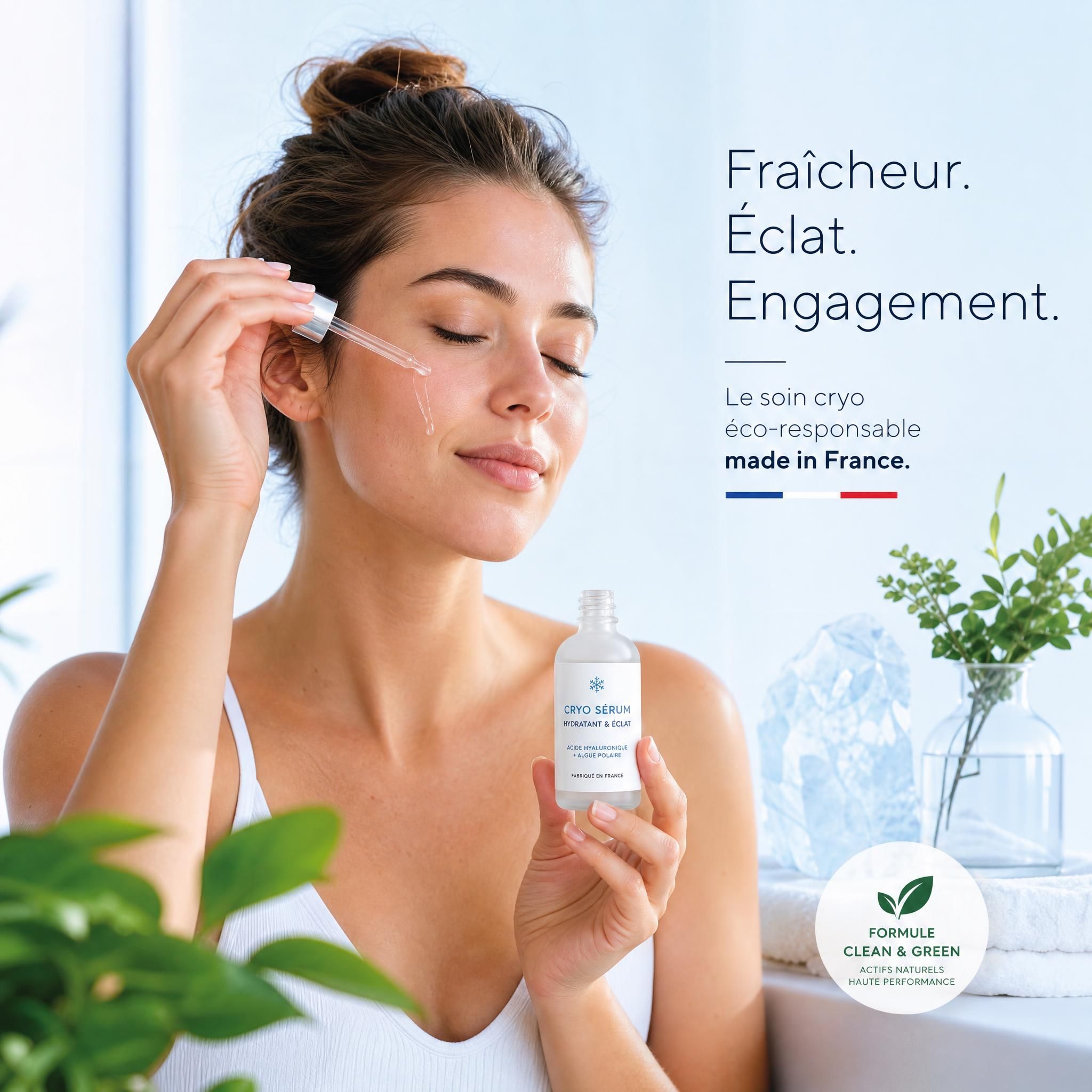 Femme appliquant un sérum cryo sur son visage, ambiance fraîche et lumineuse, skincare made in France éco-responsable