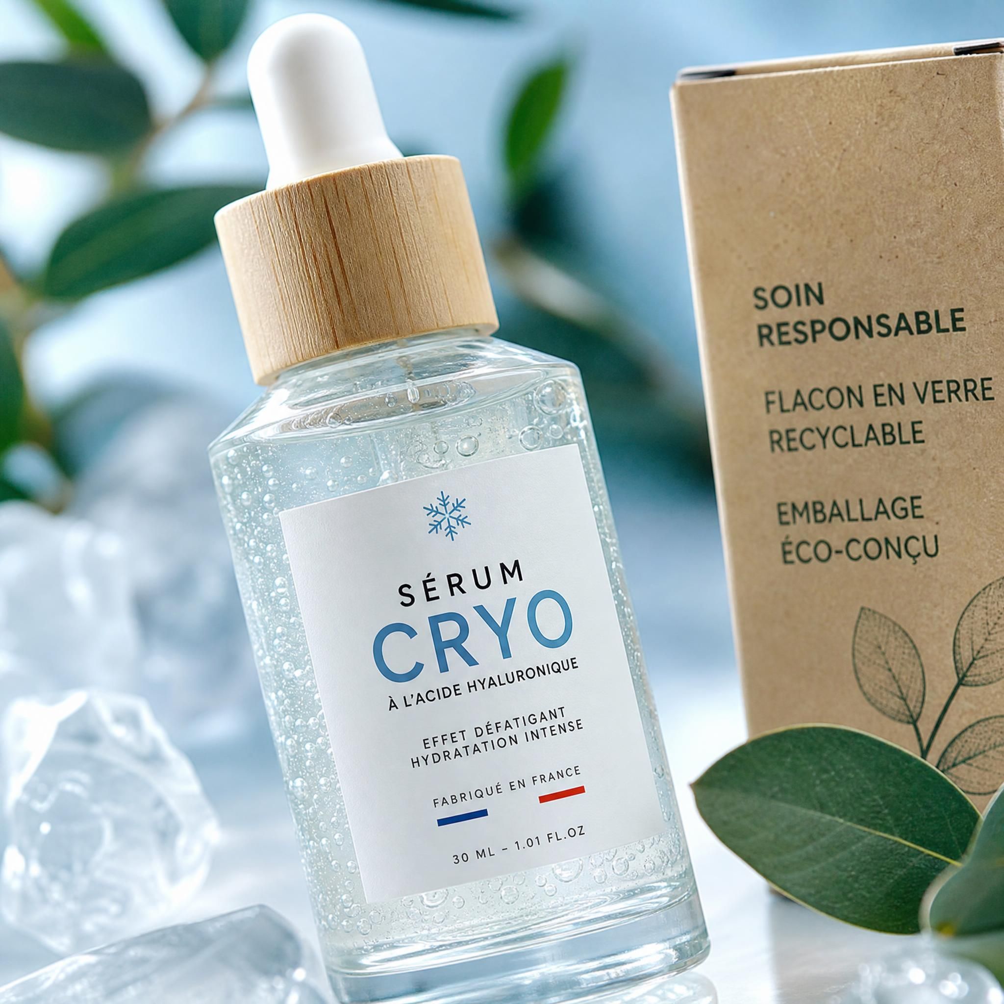 Gros plan sur un flacon de sérum cryo made in France avec texture gel translucide et emballage éco-responsable