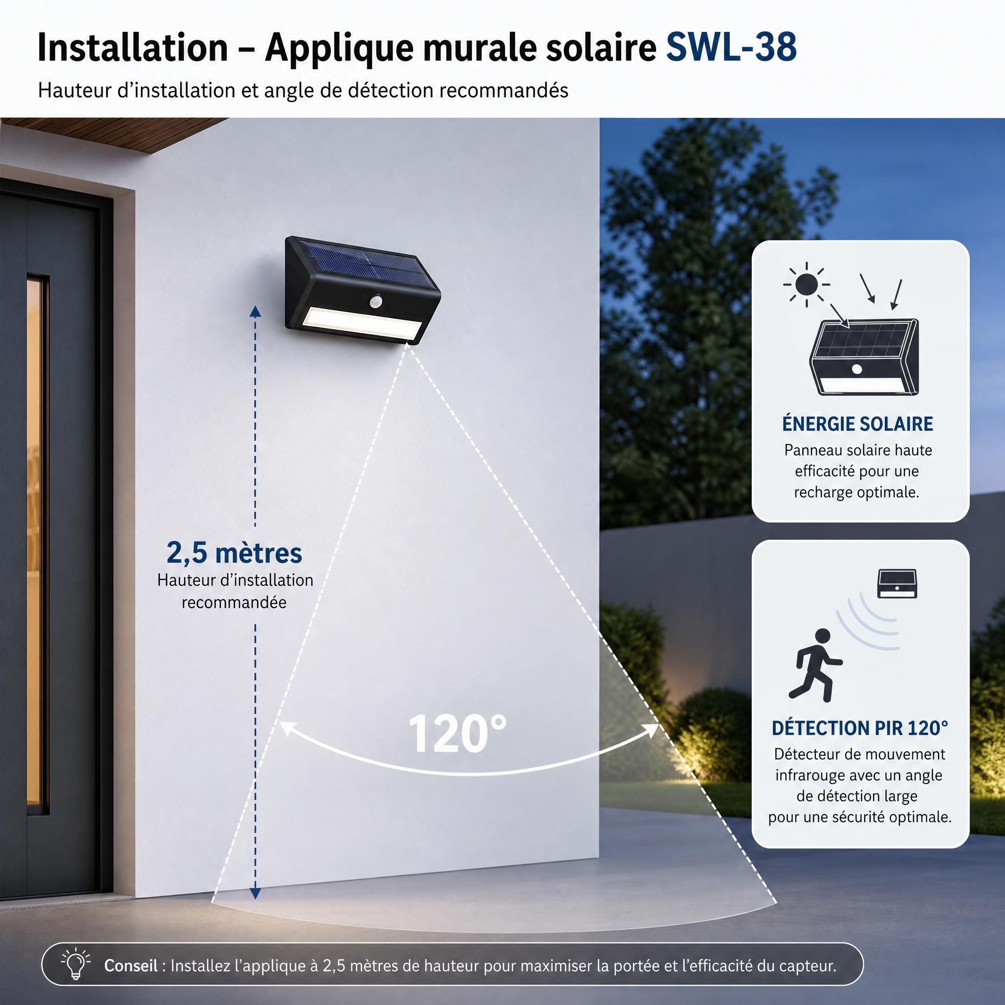 Schéma d'installation applique murale solaire SWL-38 avec indication de la hauteur 2,5 mètres et angle de détection PIR 120 degrés