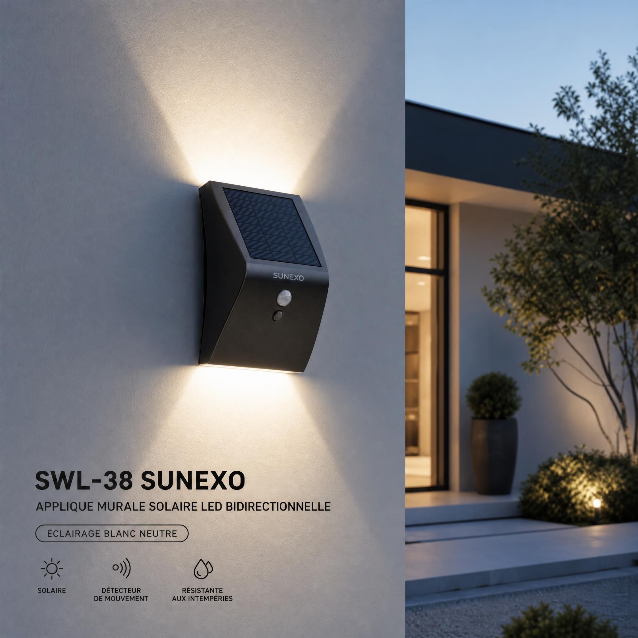 Applique murale solaire SWL-38 Sunexo installée sur façade extérieure de maison, éclairage LED bidirectionnel blanc neutre
