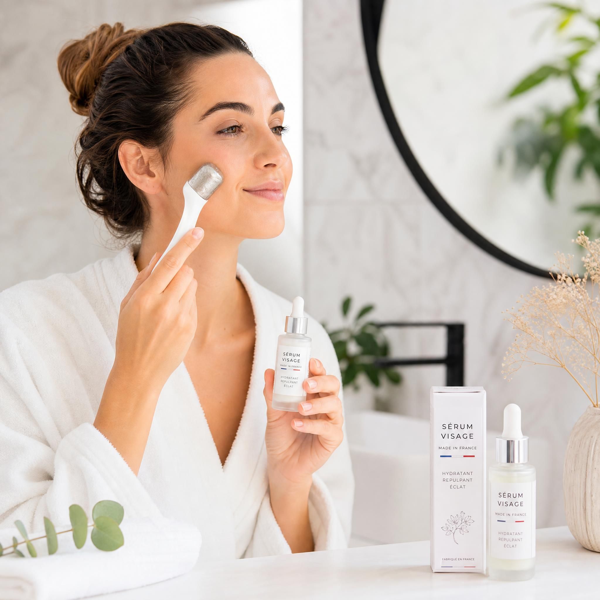 Femme appliquant un sérum visage made in France avec un ice roller de cryothérapie faciale dans une salle de bain lumineuse