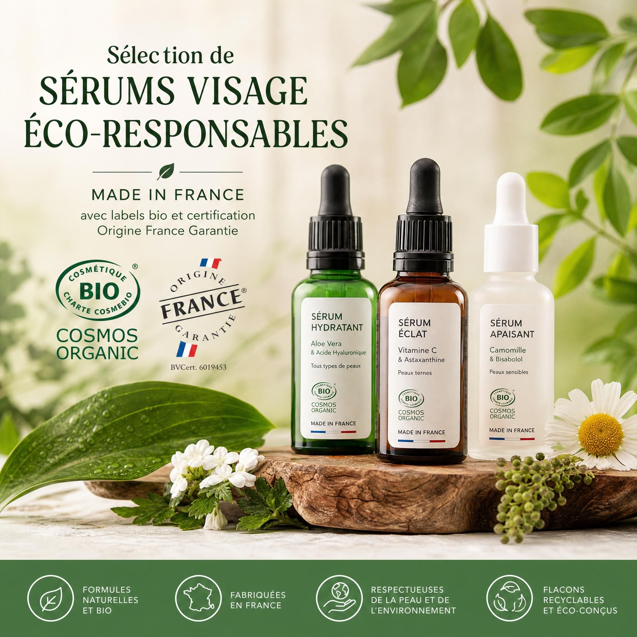 Sélection de sérums visage éco-responsables made in France avec labels bio et certification Origine France Garantie sur fond naturel
