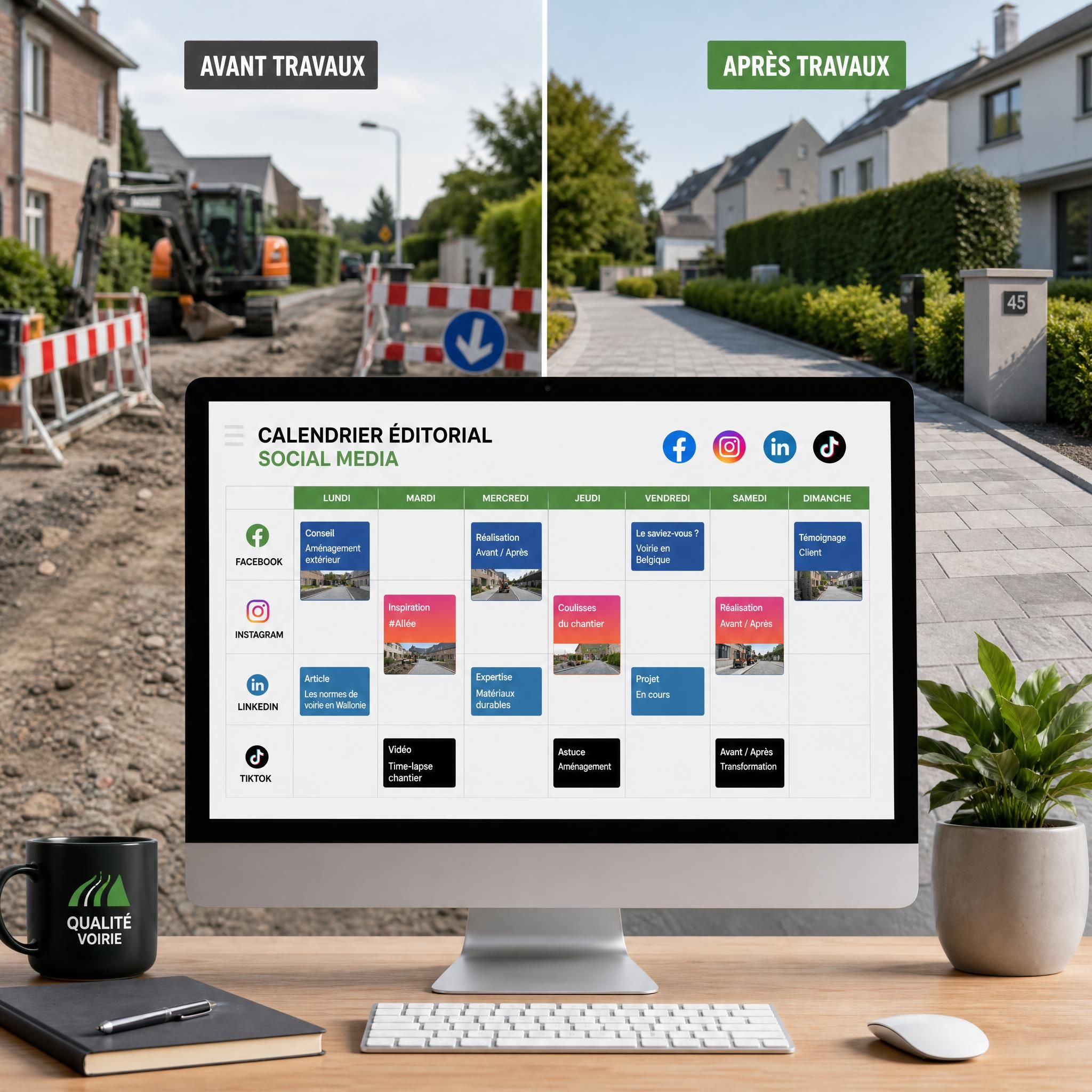 Calendrier éditorial social media affiché sur un écran d'ordinateur avec en arrière-plan un chantier de voirie belge avant/après travaux d'allée