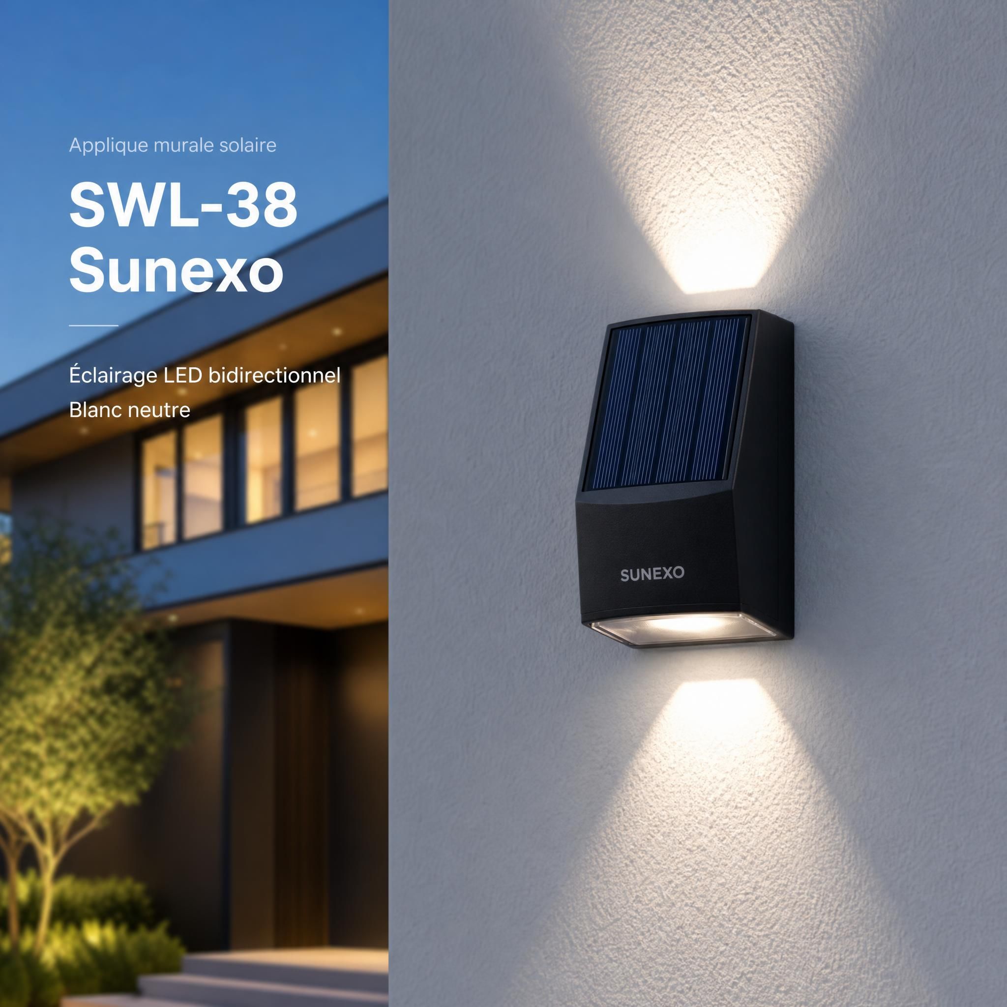 Applique murale solaire SWL-38 Sunexo installée sur façade extérieure de maison, éclairage LED bidirectionnel blanc neutre