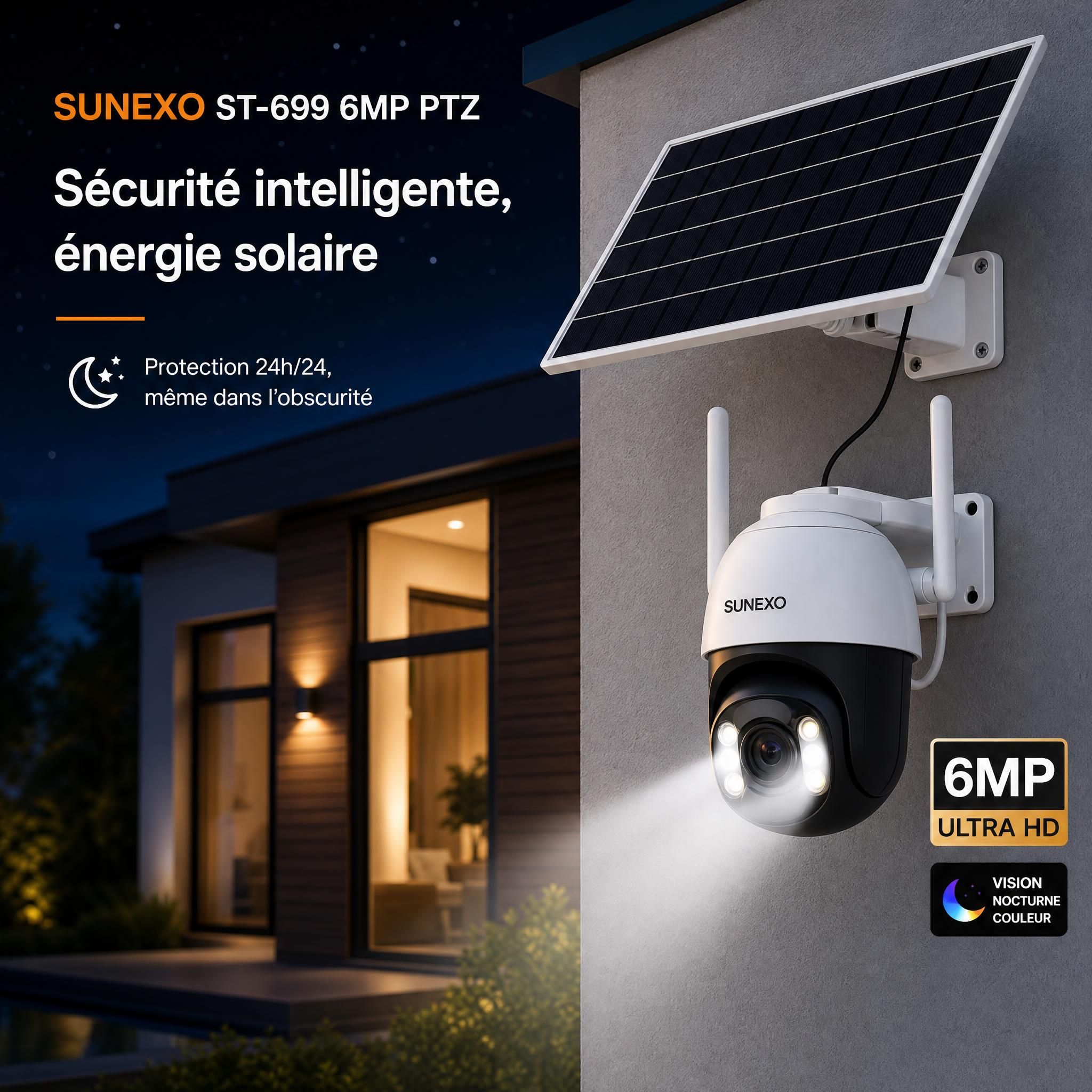 Caméra solaire Sunexo ST-699 6MP PTZ installée en façade de maison avec panneau solaire orienté plein sud, vision nocturne activée