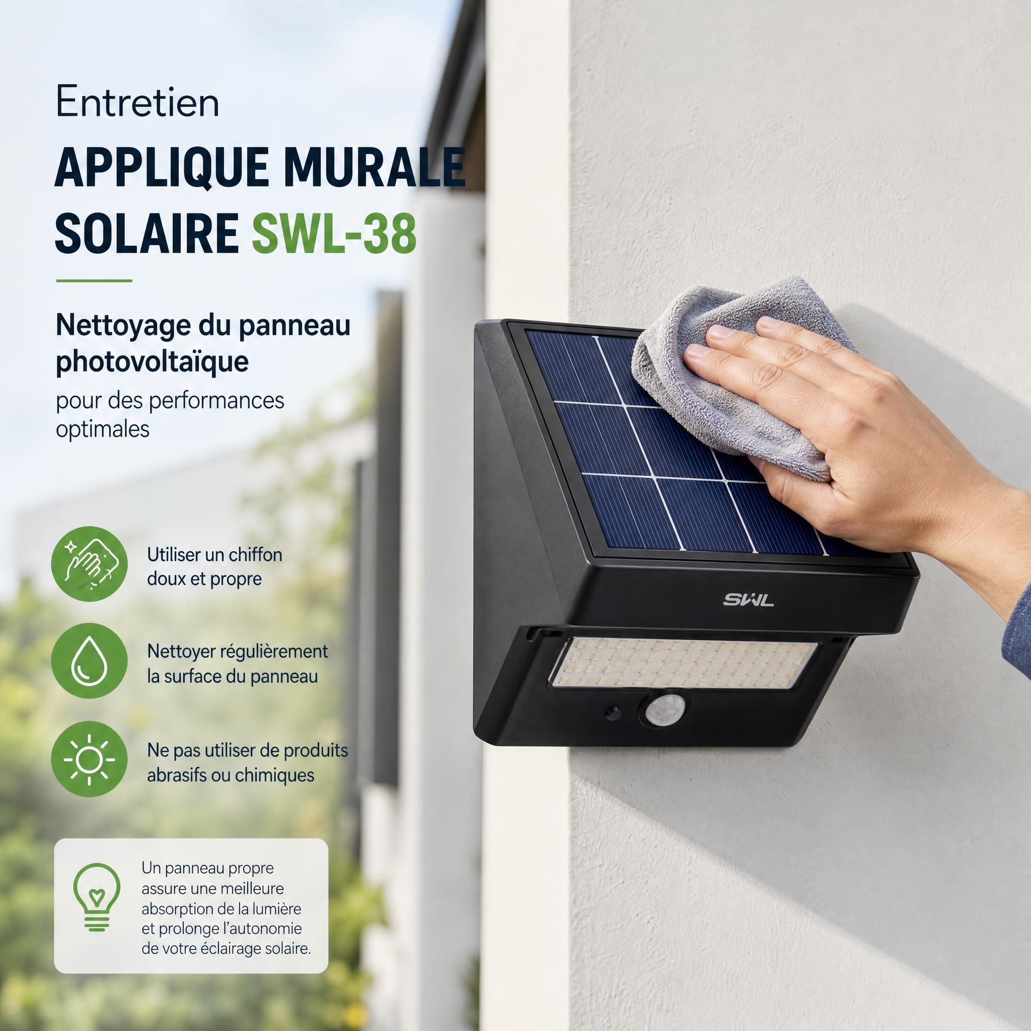 Entretien applique murale solaire SWL-38 nettoyage panneau photovoltaïque avec chiffon doux, maintenance éclairage extérieur solaire