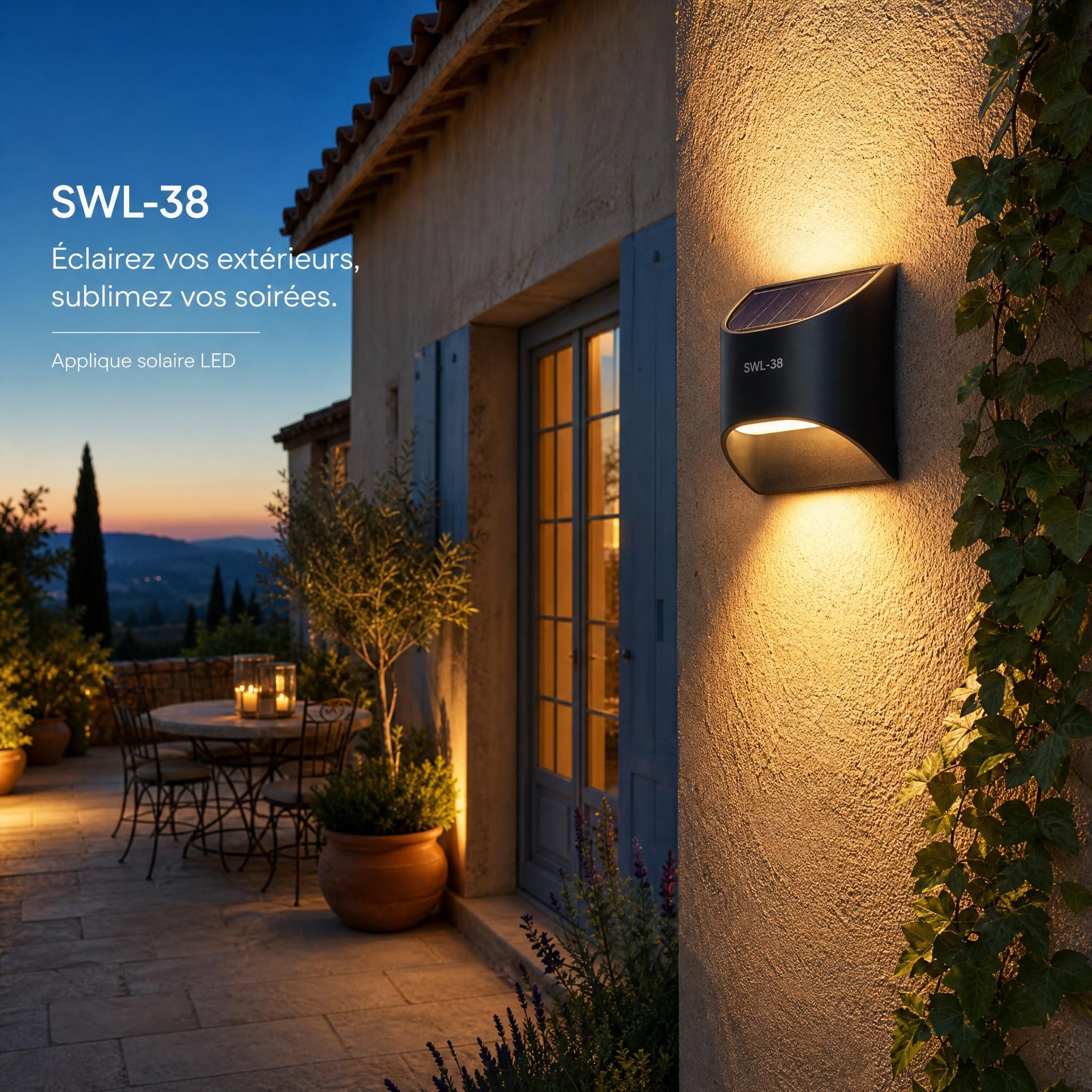 Terrasse provençale éclairée le soir par une applique solaire LED SWL-38, ambiance lumineuse chaleureuse et architecturale