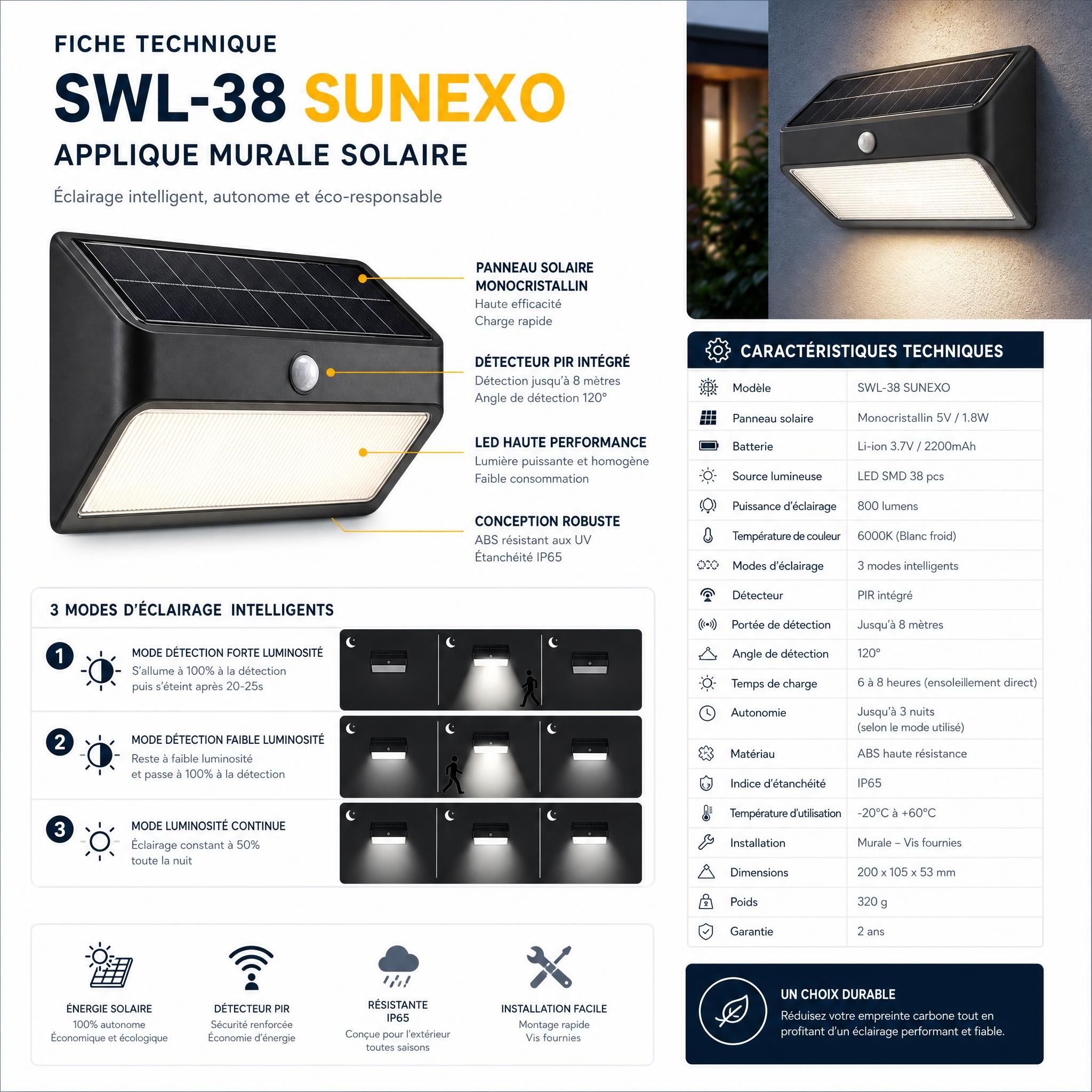 Fiche technique détaillée de l'applique murale solaire SWL-38 Sunexo avec panneau monocristallin et détecteur PIR intégré