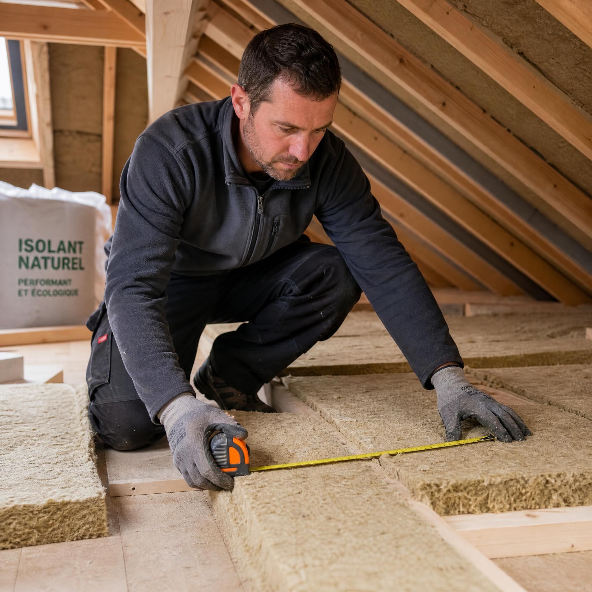 Artisan professionnel mesurant et installant une isolation naturelle dans des combles, vue de chantier réaliste