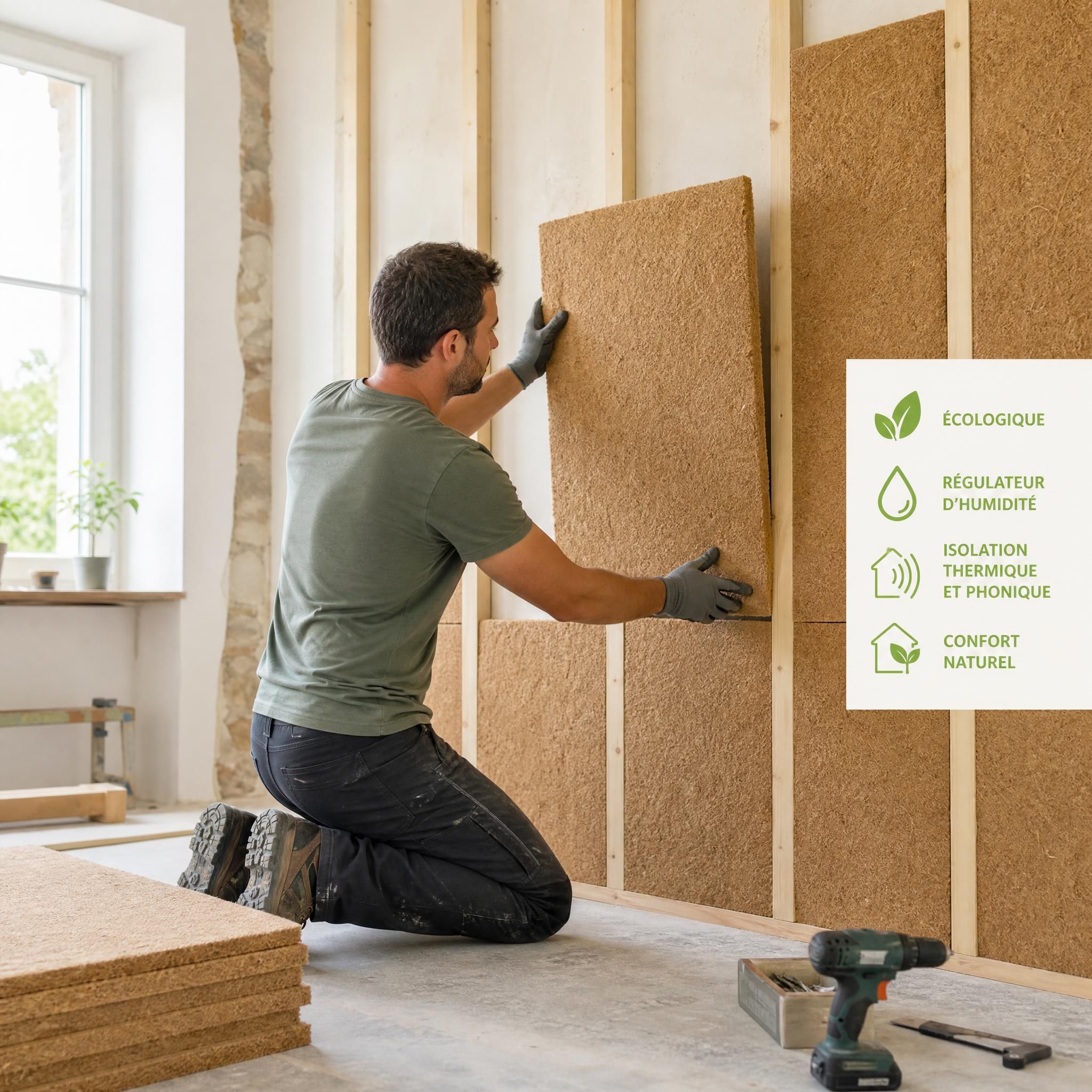 Pose de panneaux de fibre de bois sur un mur intérieur lors d'une rénovation écologique