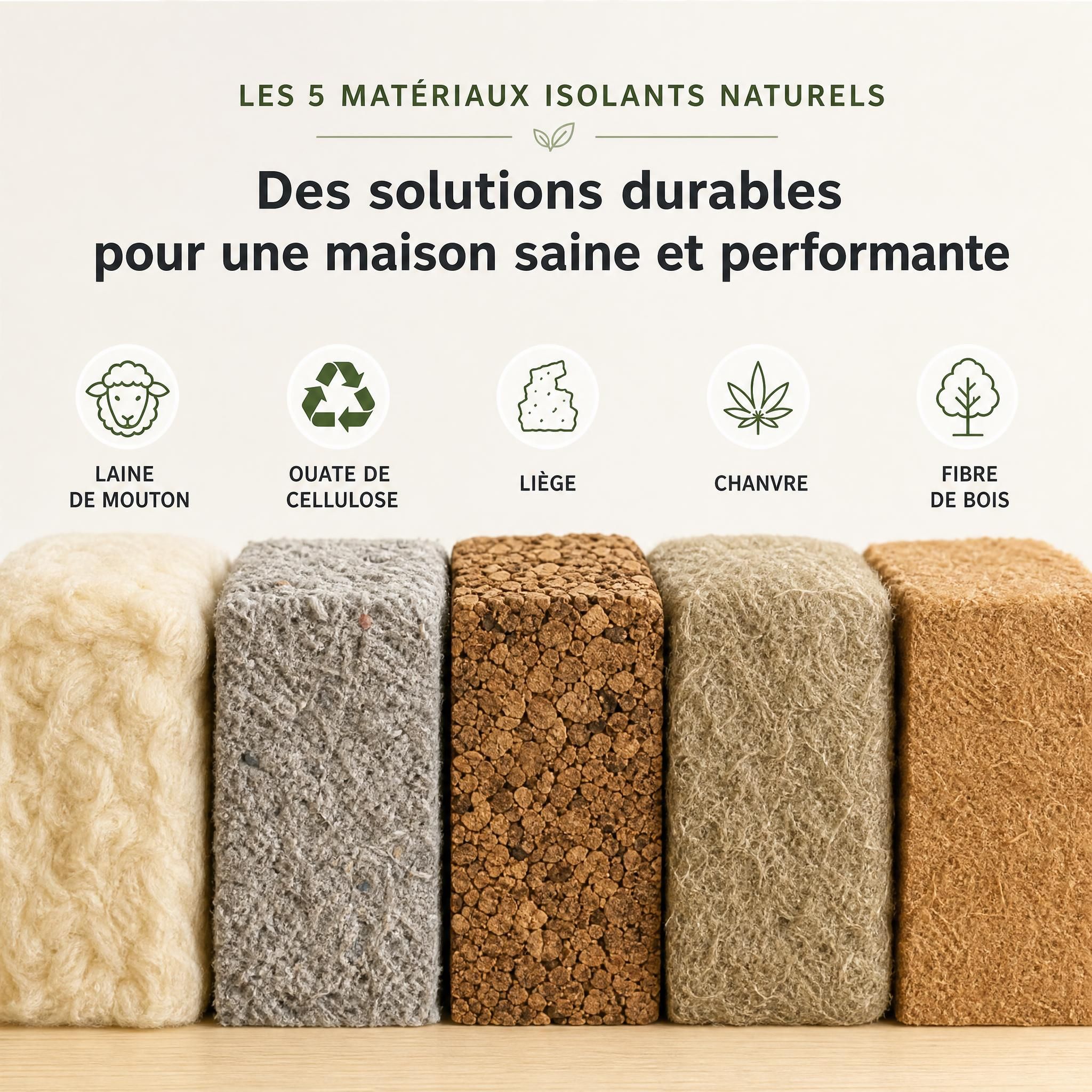 Présentation des cinq matériaux isolants naturels : laine de mouton, ouate de cellulose, liège, chanvre et fibre de bois disposés côte à côte