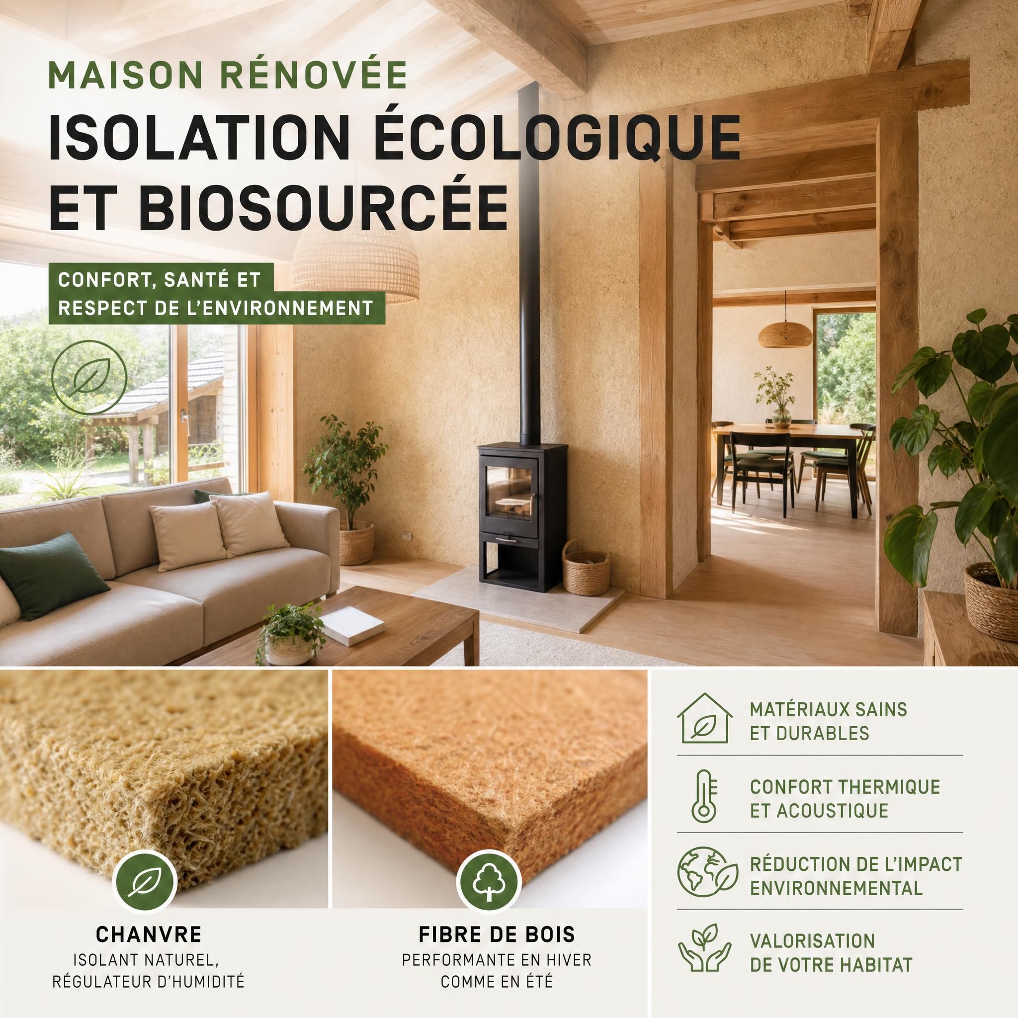 Maison rénovée avec isolation écologique biosourcée, murs en chanvre et fibre de bois, ambiance chaleureuse et naturelle