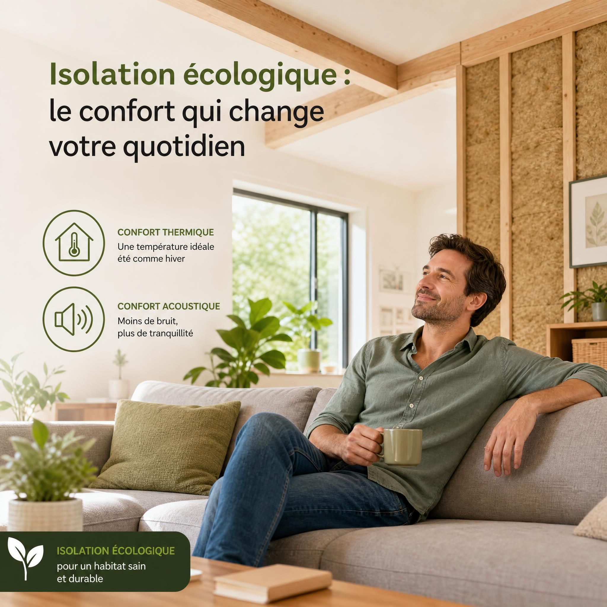 Propriétaire satisfait dans son intérieur rénové, lumineux et confortable, illustration du confort thermique et acoustique obtenu grâce à l'isolation écologique