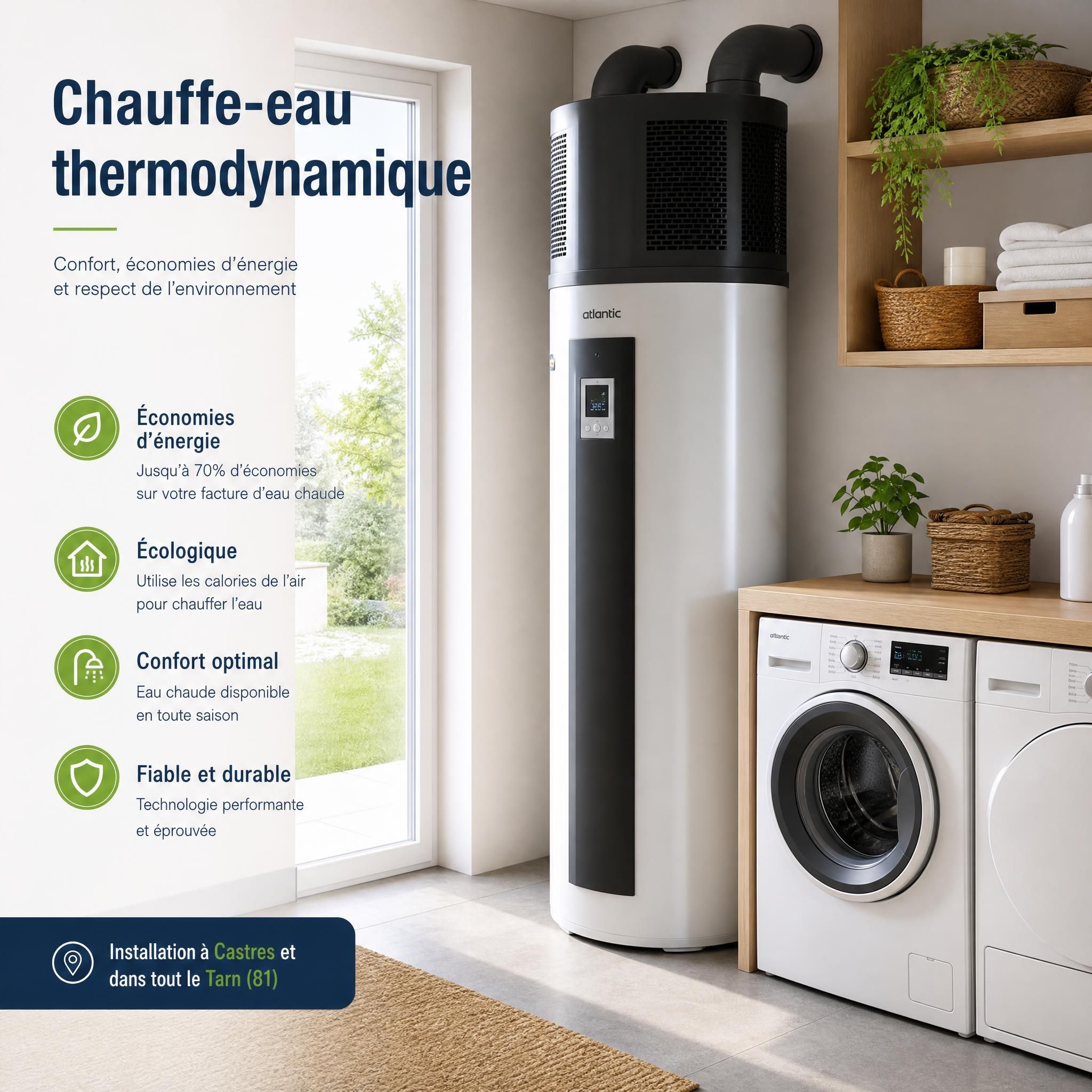 Chauffe-eau thermodynamique installé dans une buanderie - ballon thermodynamique pompe à chaleur Castres Tarn
