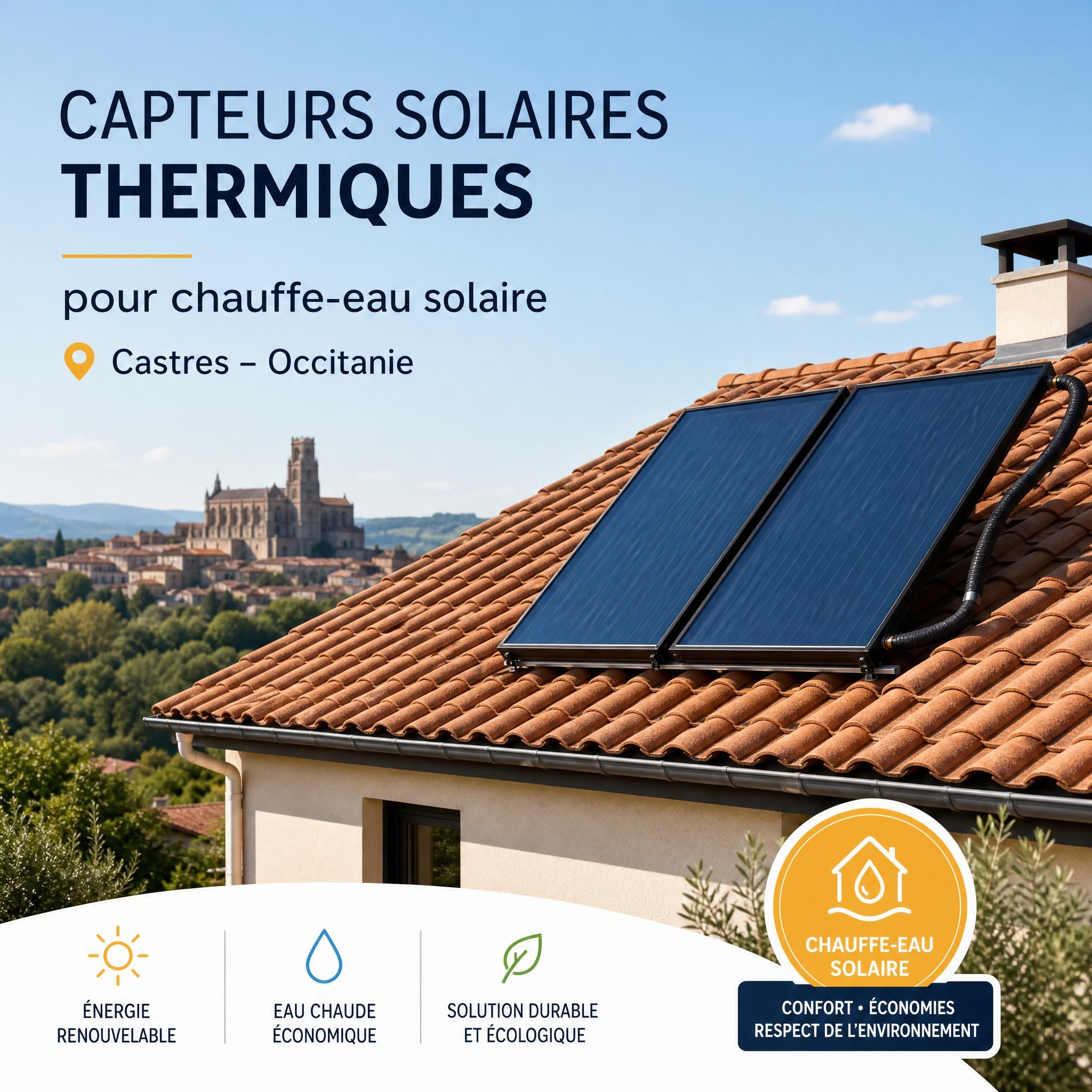 Capteurs solaires thermiques sur toiture maison individuelle pour chauffe-eau solaire Castres région Occitanie