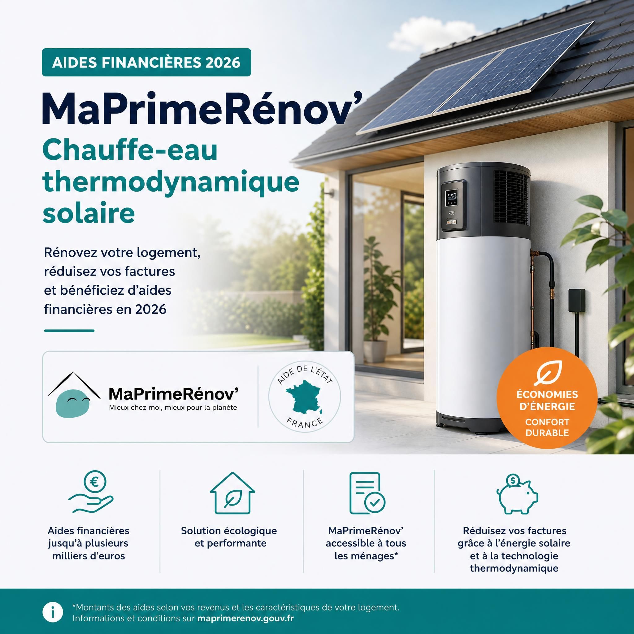 Aides financières rénovation énergétique MaPrimeRénov chauffe-eau thermodynamique solaire 2026 France