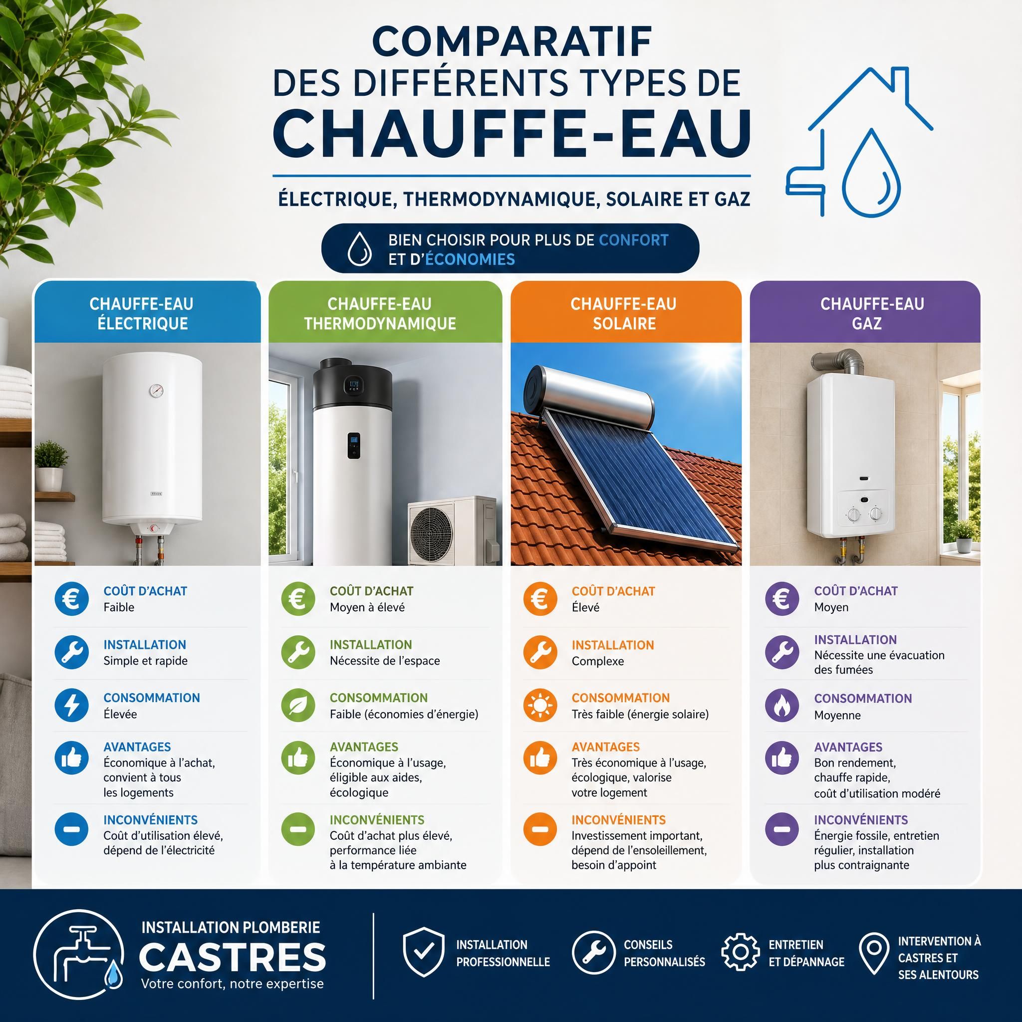Comparatif des différents types de chauffe-eau - électrique, thermodynamique, solaire et gaz - installation plomberie Castres