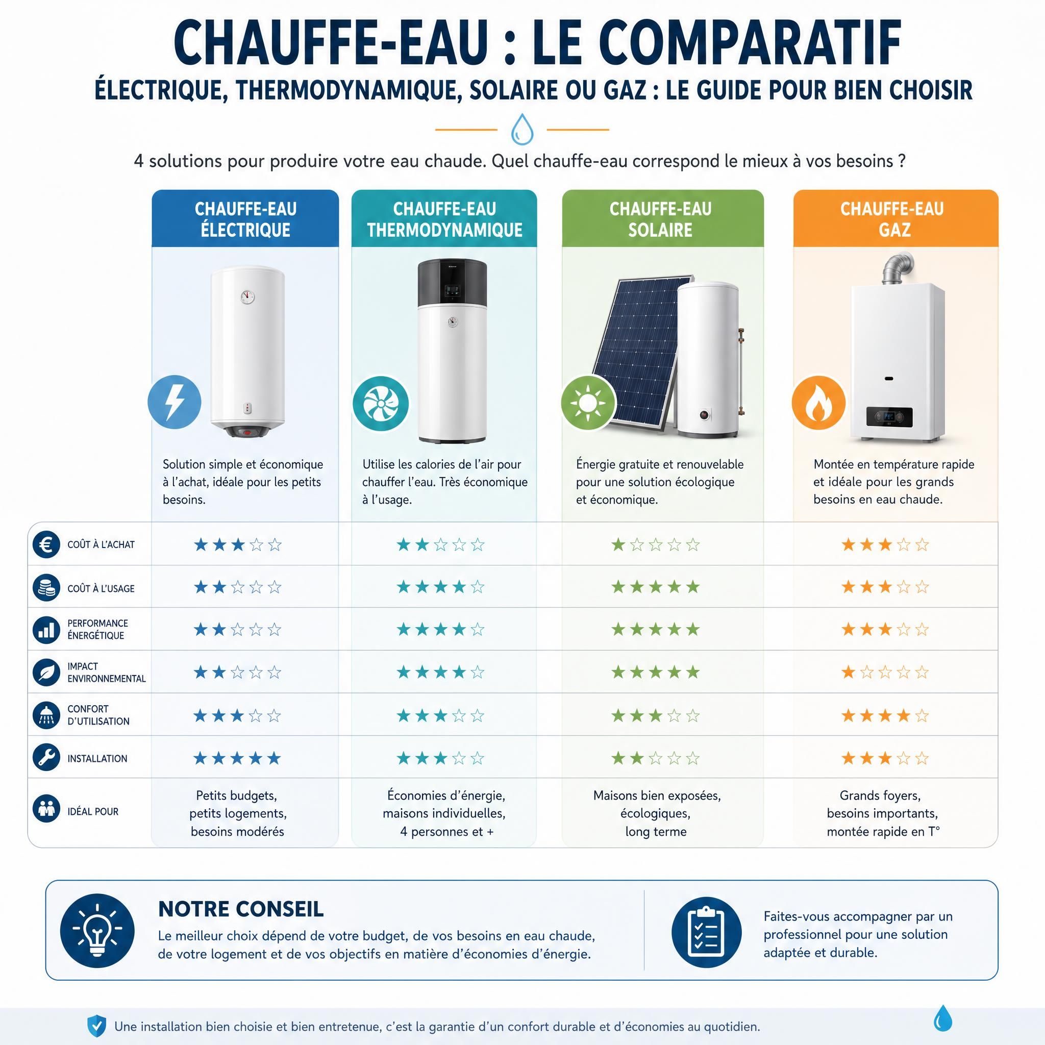 Infographie comparatif des types de chauffe-eau électrique thermodynamique solaire gaz - guide choix plomberie
