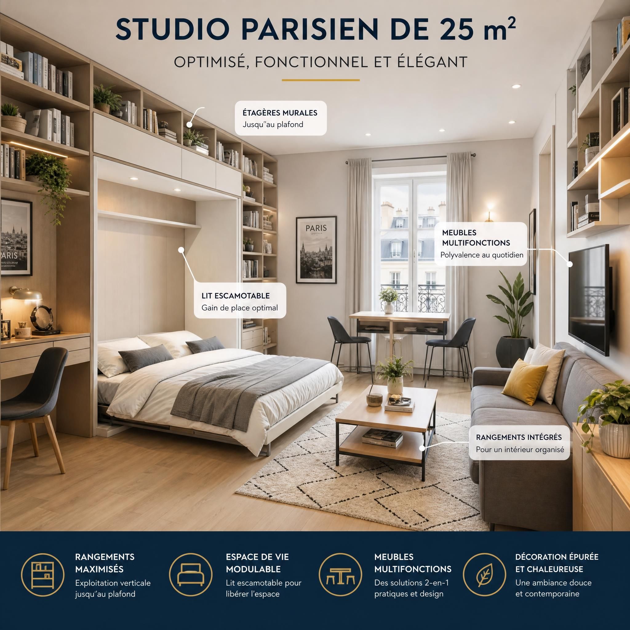 Studio parisien optimisé avec lit escamotable, étagères murales jusqu'au plafond et meubles multifonctions dans un espace de 25 m²