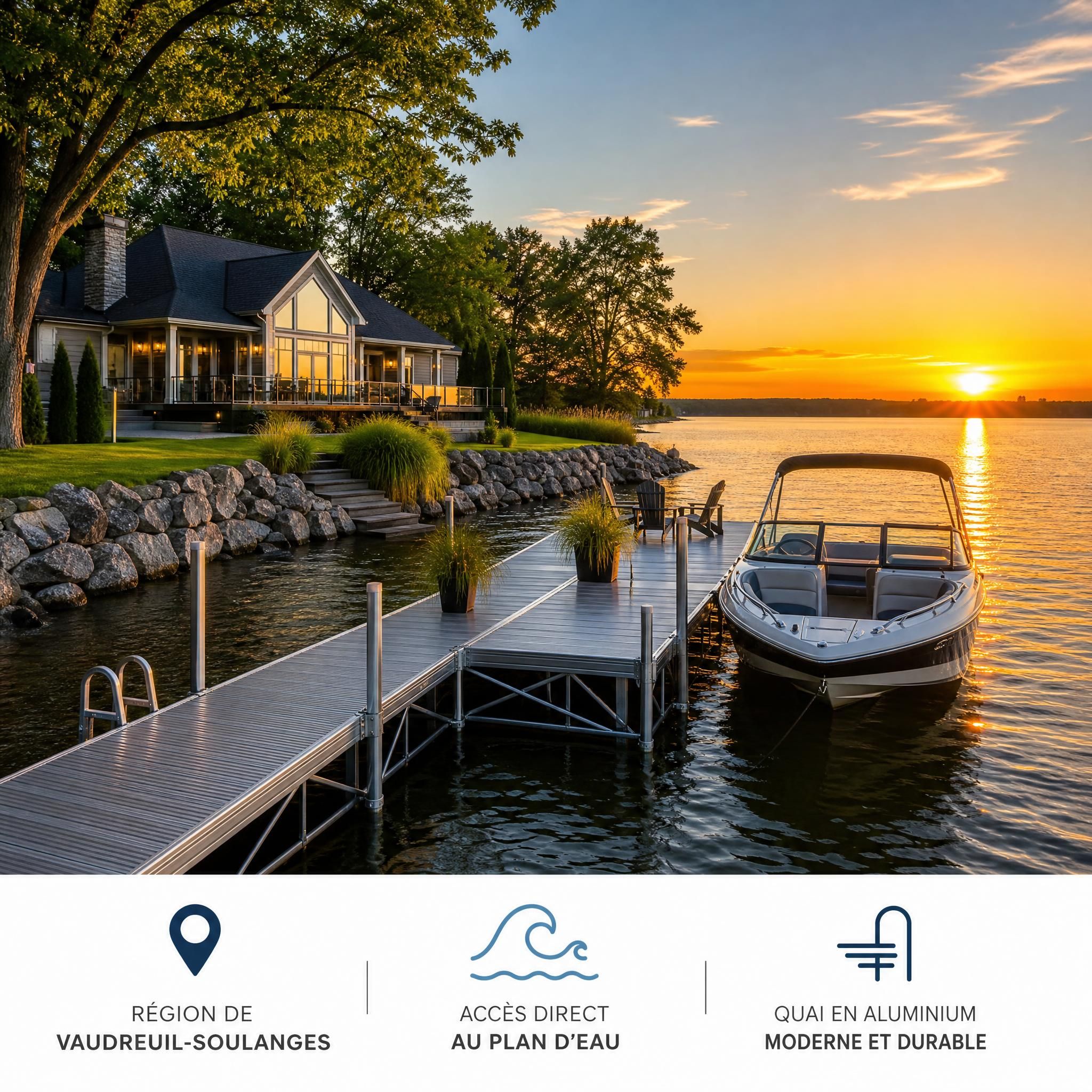 Belle propriété riveraine au coucher du soleil avec un quai en aluminium moderne et un bateau amarré, région de Vaudreuil, Québec