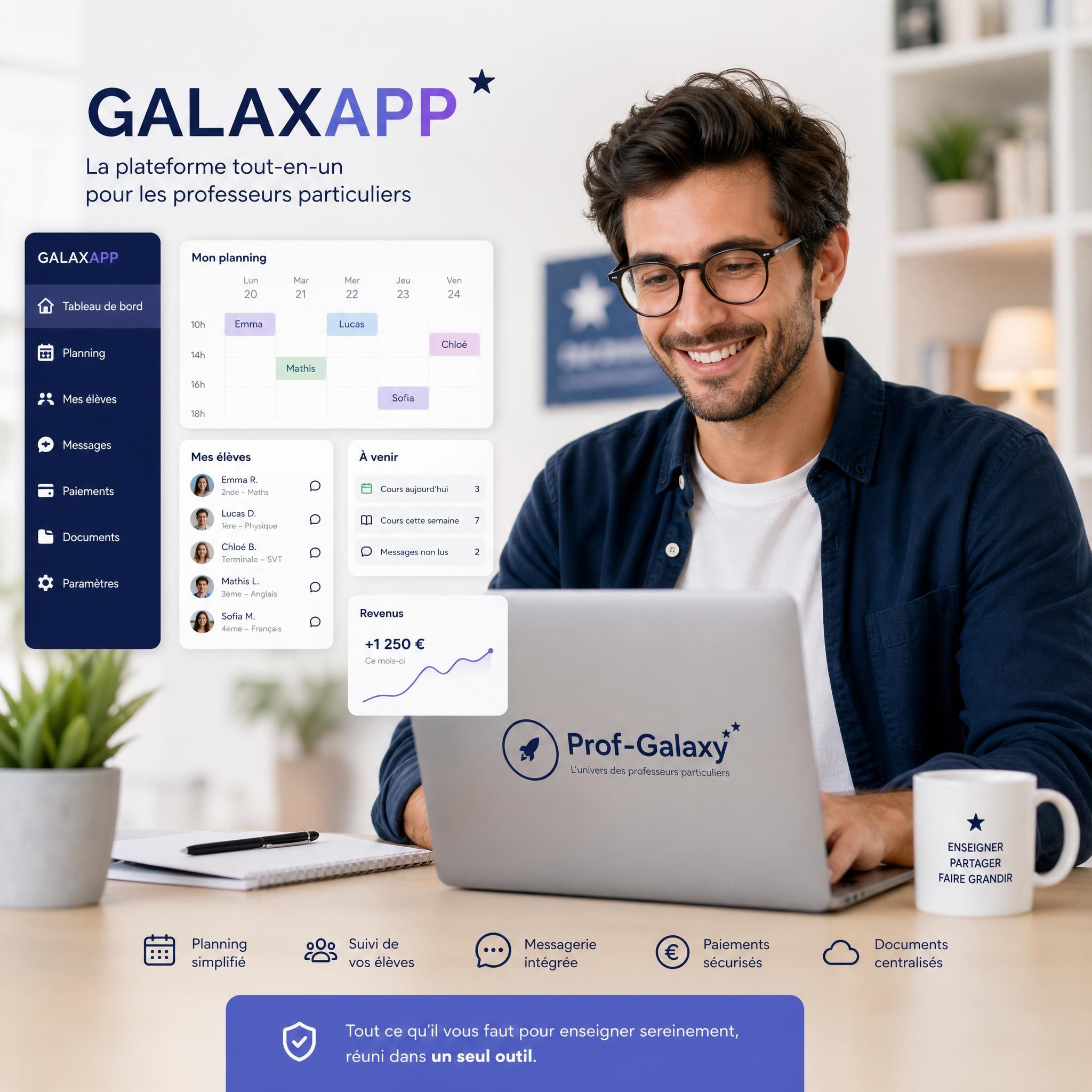 Professeur particulier souriant devant son ordinateur, utilisant la plateforme GALAXAPP de Prof-Galaxy pour gérer son planning et ses élèves en toute sérénité