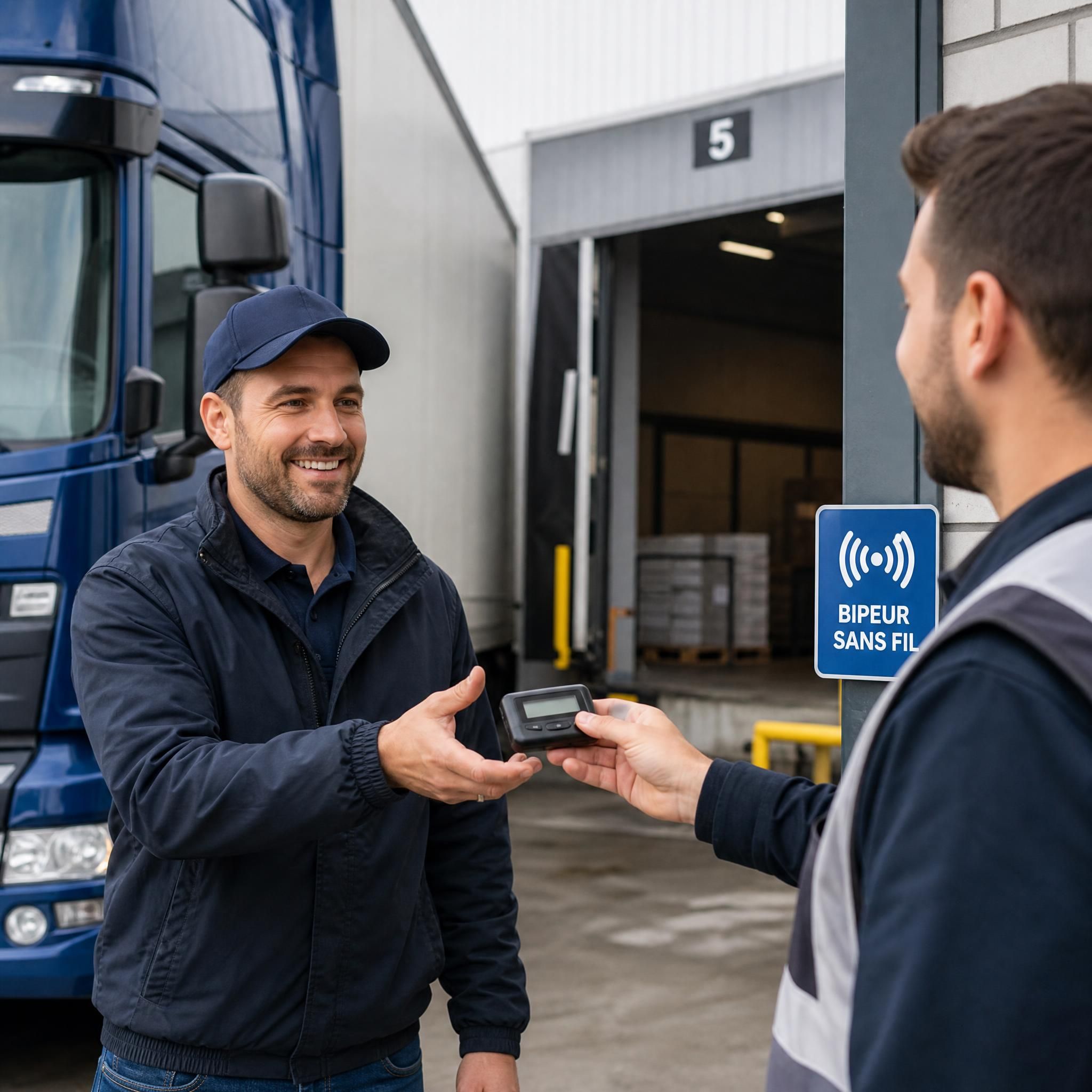 Chauffeur routier recevant un bipeur sans fil sur un quai de déchargement logistique