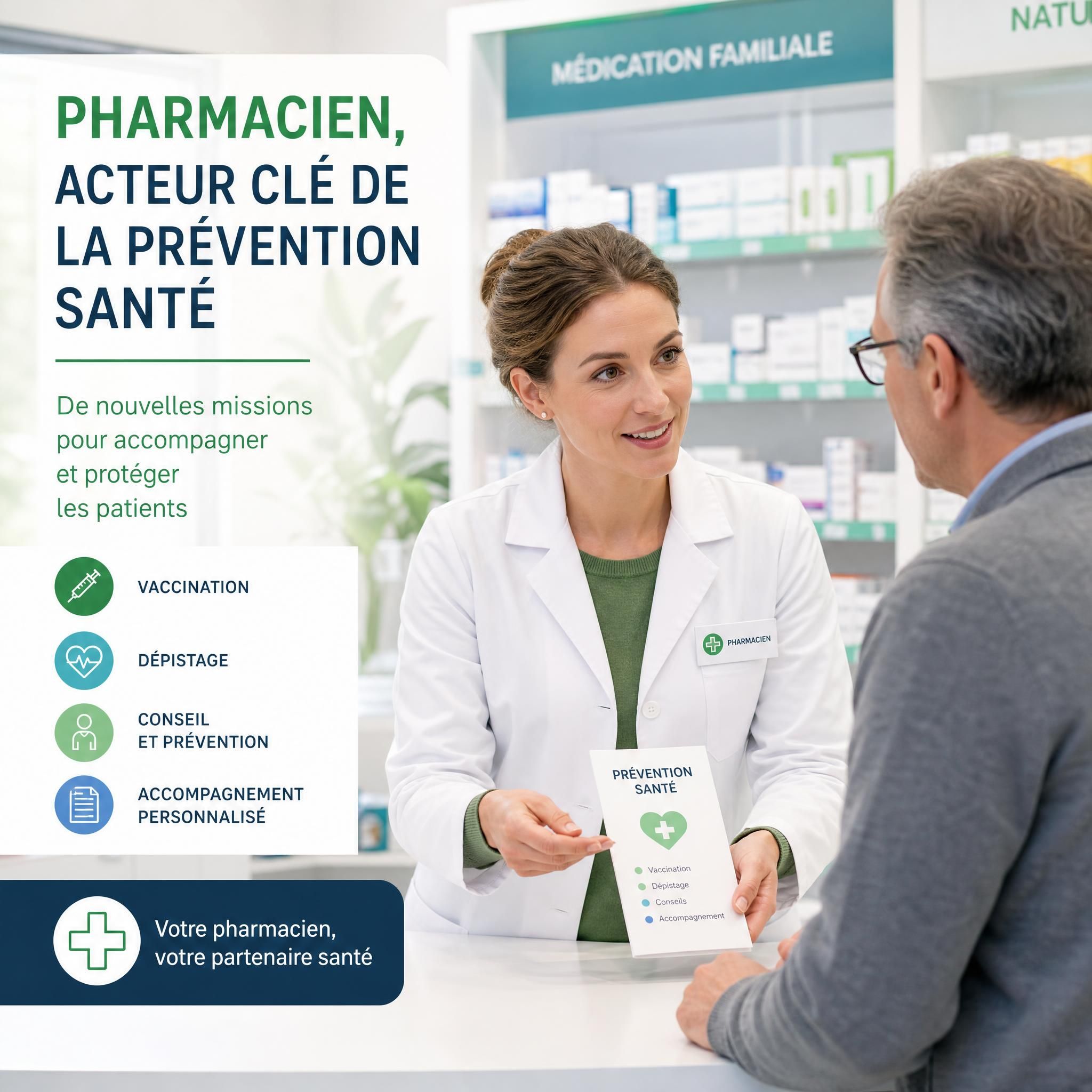 Pharmacien en blouse blanche conseillant un patient à l'officine, nouvelles missions de prévention santé
