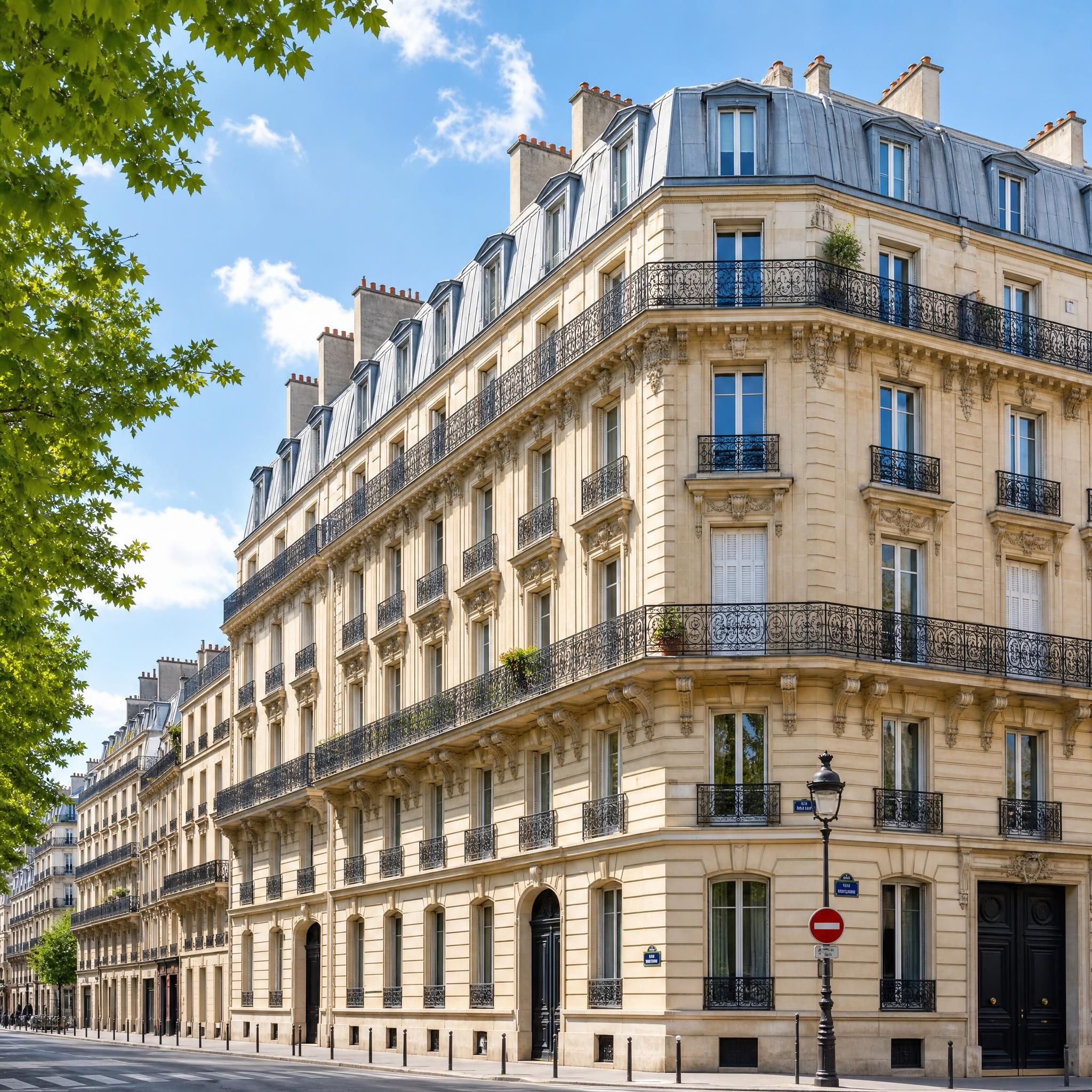 Façade d'un immeuble haussmannien parisien typique avec balcons en fer forgé, pierre de taille blonde et toiture en zinc, boulevard parisien