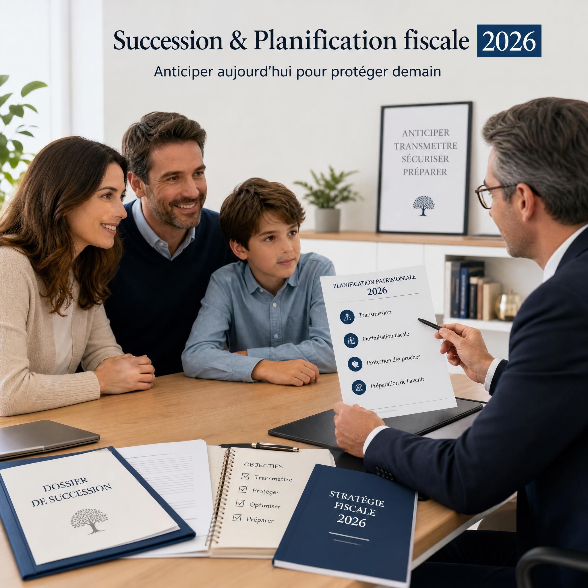 Illustration d'une famille française devant un conseiller patrimonial, documents de succession et planification fiscale 2026