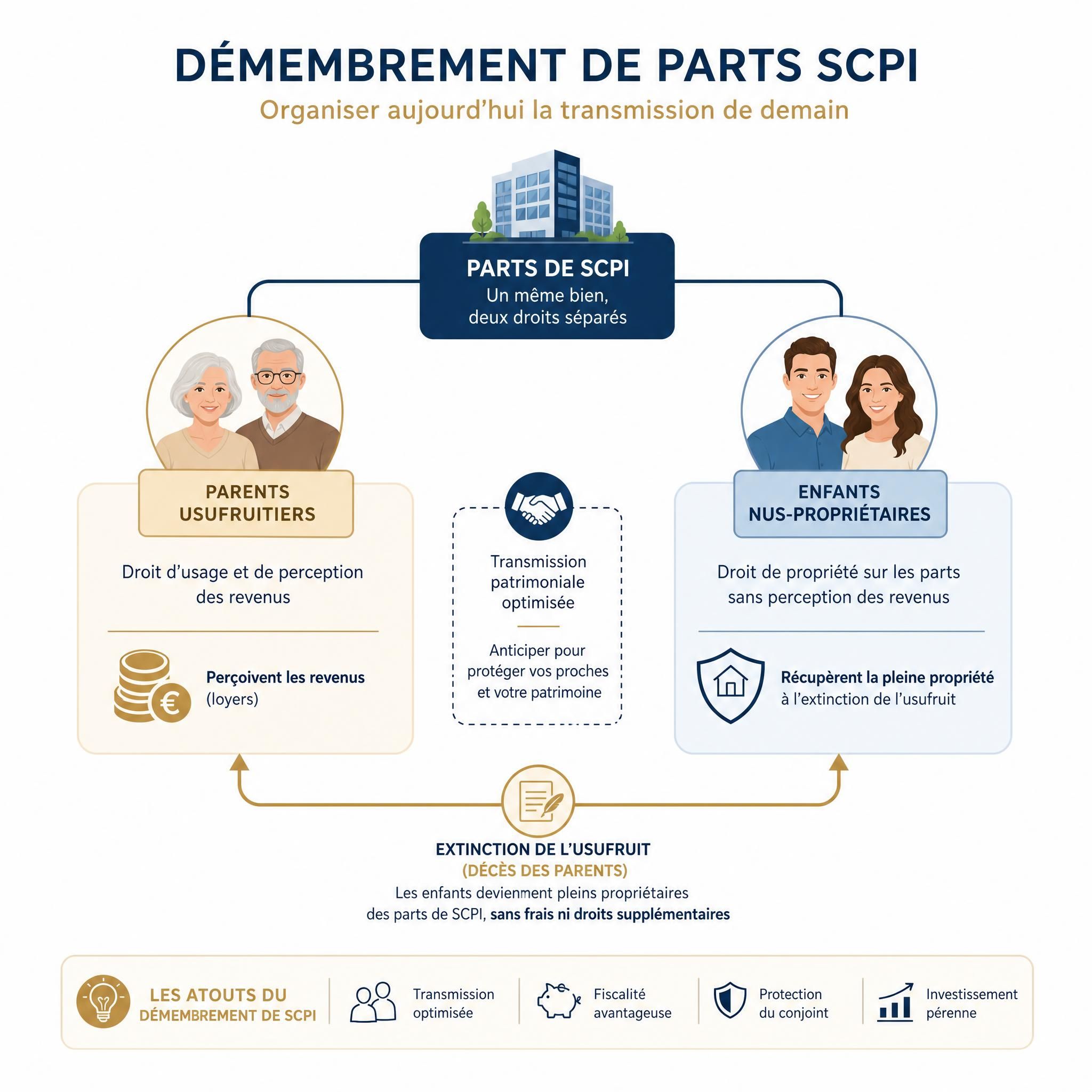Schéma illustrant le démembrement de parts SCPI entre parents usufruitiers et enfants nus-propriétaires, avec flèches de transmission patrimoniale