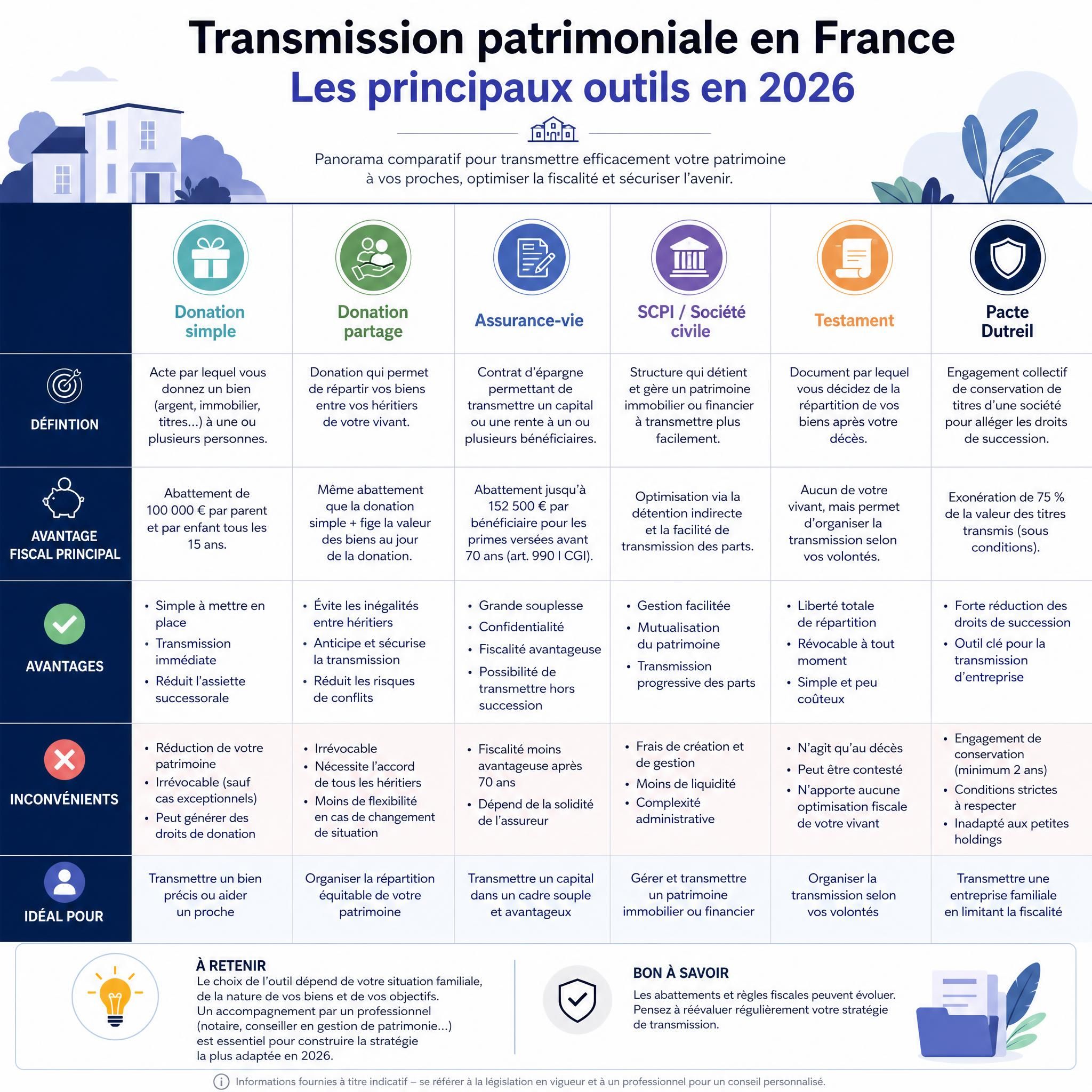 Infographie comparant les différents outils de transmission patrimoniale en France en 2026, avec avantages et inconvénients visuels