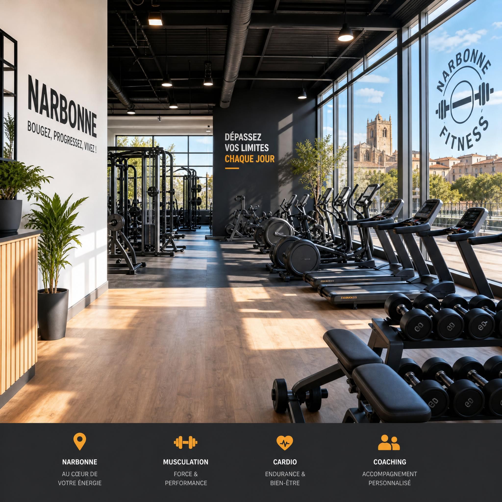 Vue d'une salle de sport moderne à Narbonne avec équipements de musculation et de cardio, ambiance lumineuse et accueillante
