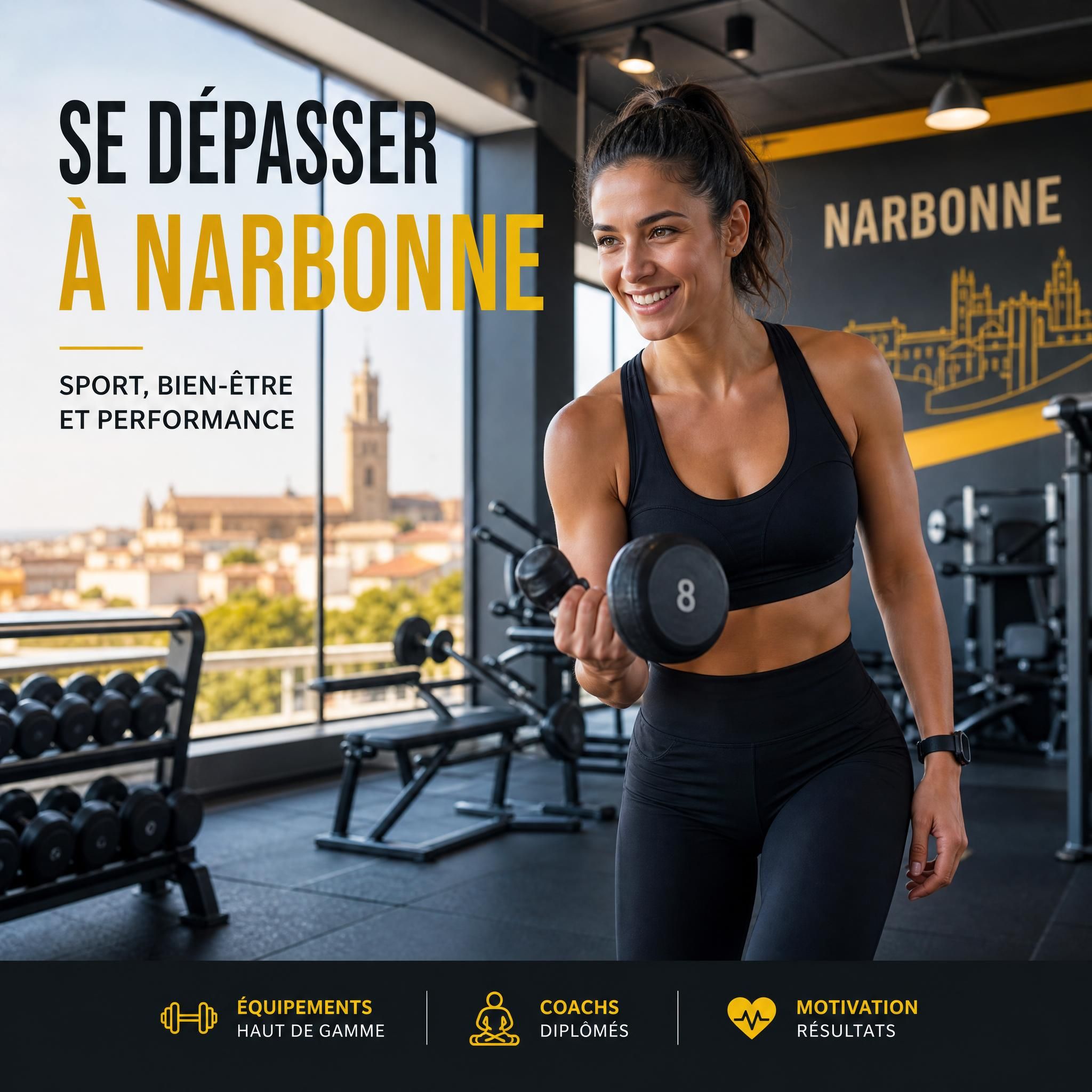 Personne motivée s'entraînant dans une salle de sport moderne à Narbonne, ambiance dynamique et inspirante