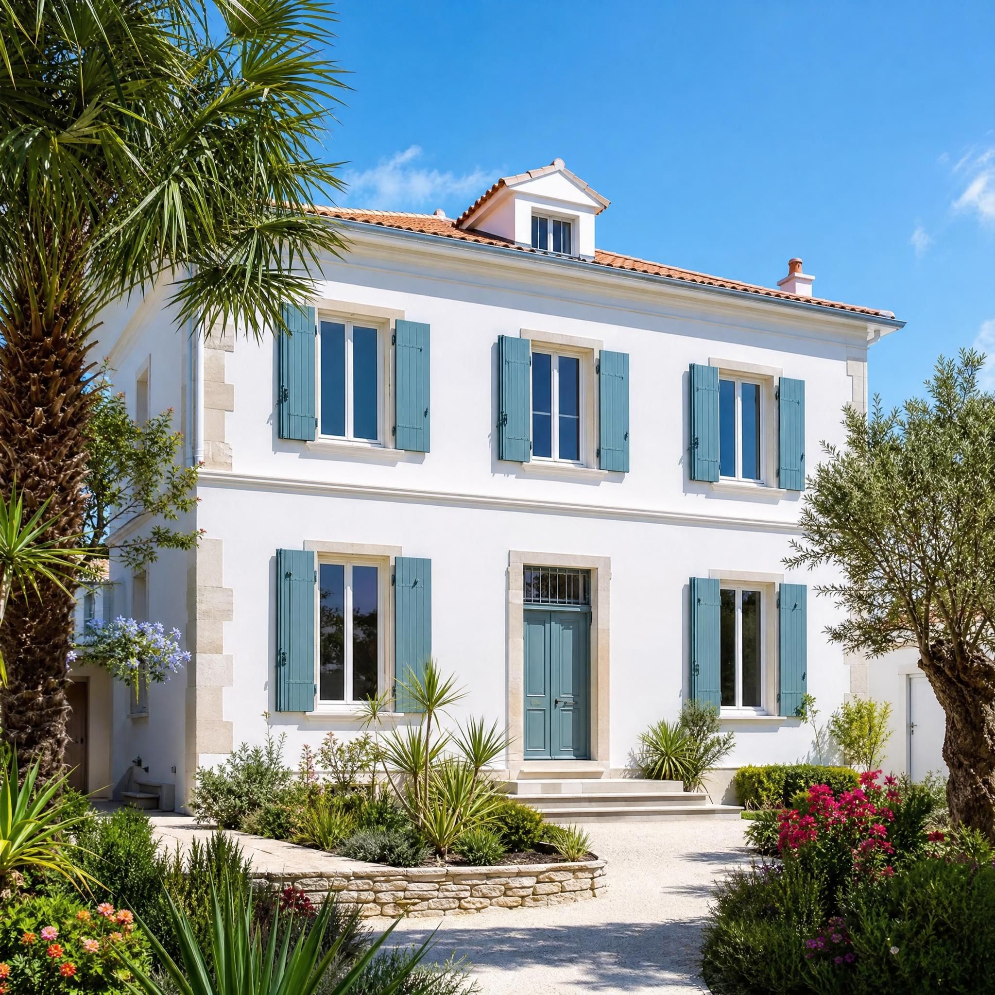 Maître d'œuvre en réunion de chantier avec des artisans devant une villa balnéaire à Royan, Charente-Maritime